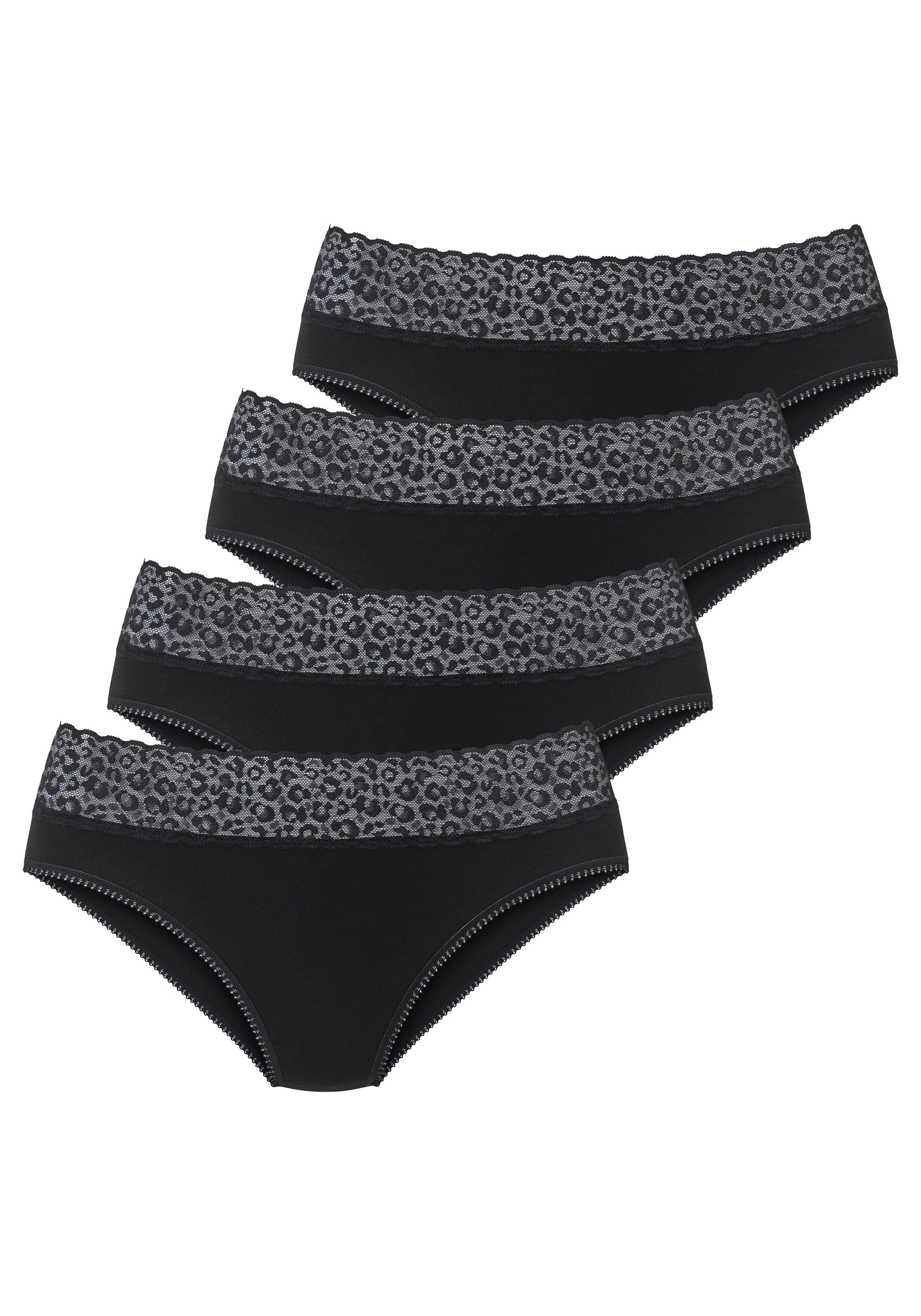 LASCANA Jazz-Pants Slips (4er Pack) aus elastischer Baumwolle mit Leo-Spitze am Bund