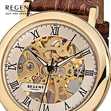 Regent Quarzuhr Regent Herren-Armbanduhr braun Analog F-758, (Analoguhr), Herren Armbanduhr rund, groß (ca. 40mm), Lederarmband