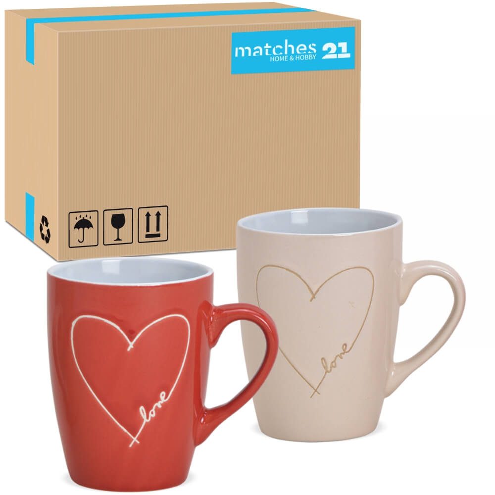 matches21 HOME & HOBBY Tasse Кавові чашки 36er Set Landhaus-Stil Herzen mit Spruch Love, Keramik, Tee Kaffeebecher klassisch cremefarben rot ca 280 ml