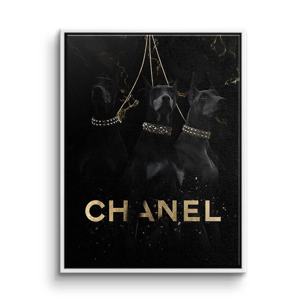 DOTCOMCANVAS® Leinwandbild, Premium Dobermann Wandbild - Three Luxury Dogs weißer Rahmen