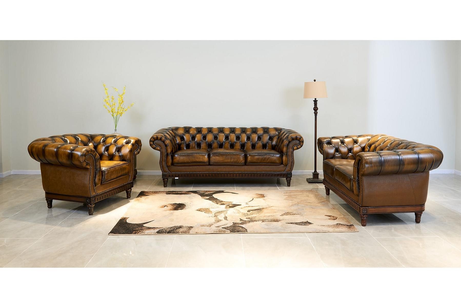 Salottini Chesterfield-Sofa Edle Chesterfield London Sofagarnitur 3/2/1 Ledergarnitur, Taschenfederkern
