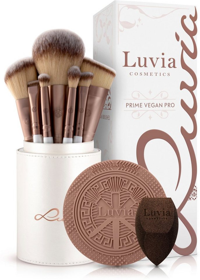 Luvia Cosmetics Kosmetikpinsel-Set PRIME VEGAN PRO, 15 tlg., Mit 12 Pinseln aus Nurai-Haar, Schwamm und Reinigungsmatte, vegan.