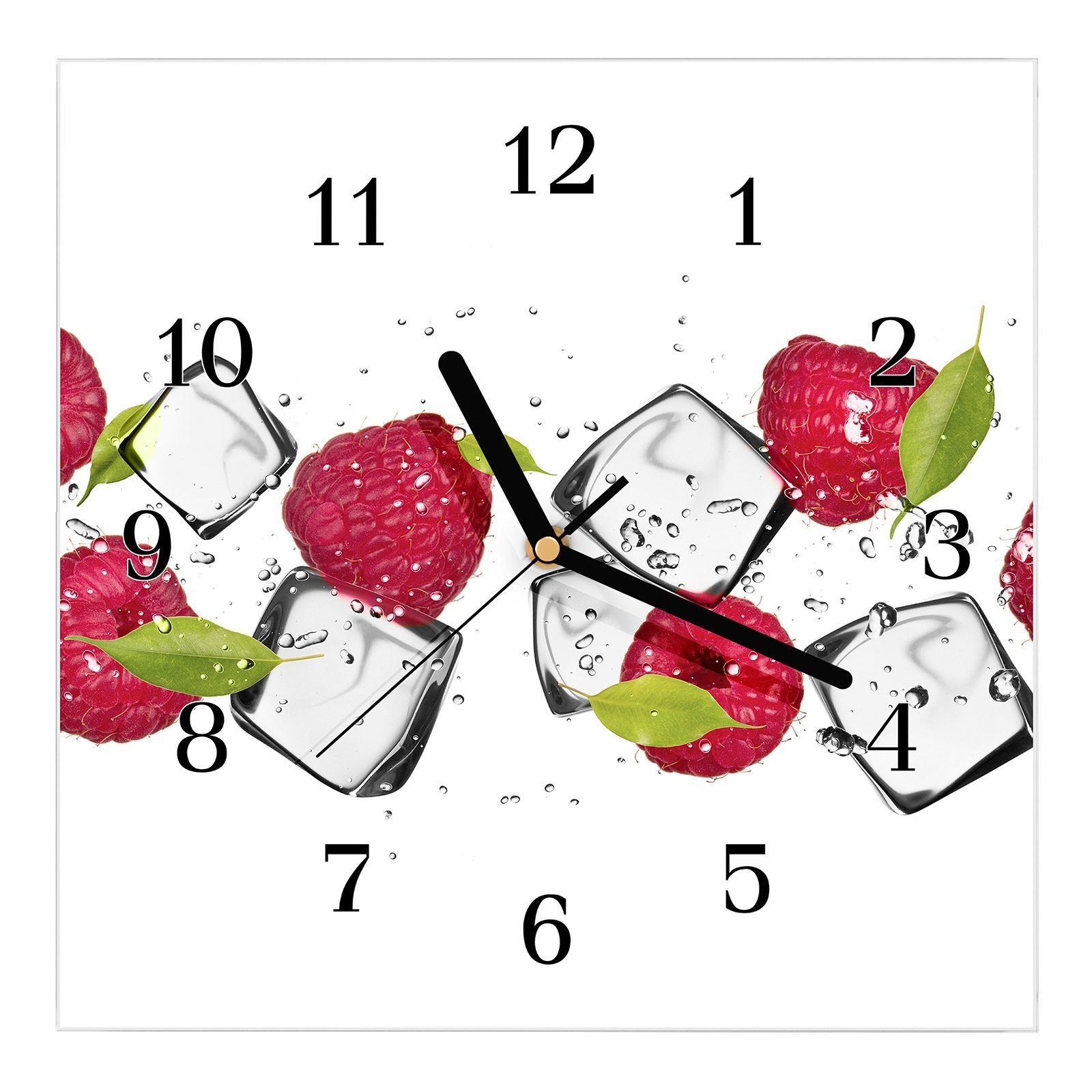 Primedeco Wanduhr Glasuhr Wanduhr Wandkunst Größe 30 x 30 cm mit Motiv Himbeeren und Eiswürfel