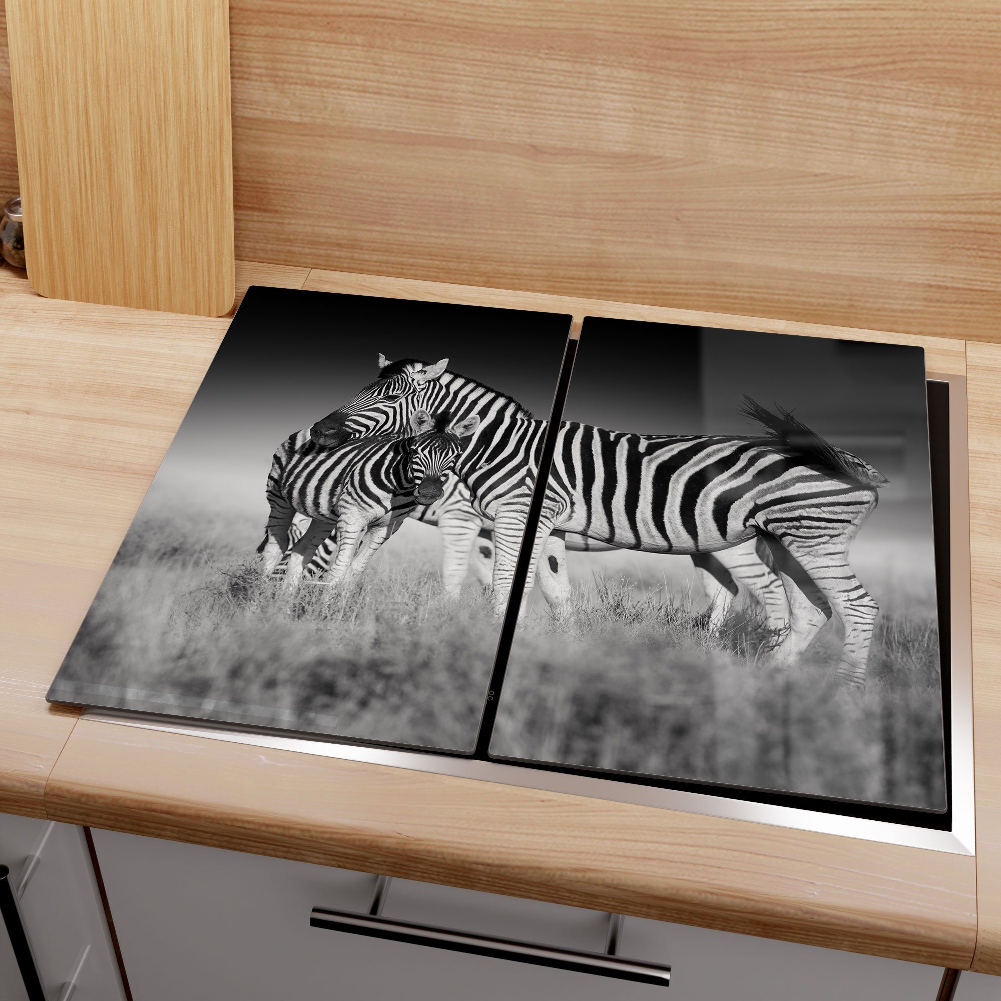 DEQORI Herdblende-/Abdeckplatte 'Zebras beieinanderstehend', (2 Ceranfeld tlg), Glas Herd Herdabdeckplatte Glas