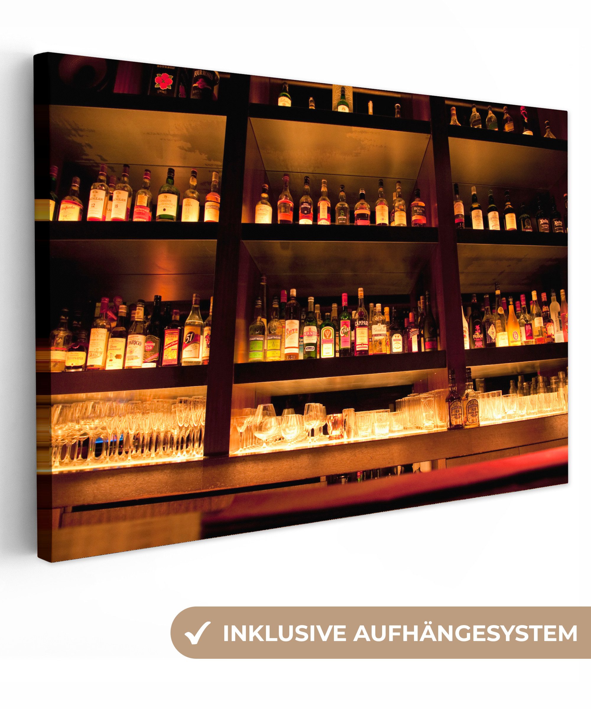 OneMillionCanvasses® Leinwandbild Trinkflaschen auf und über der Bar, Fotod günstig online kaufen
