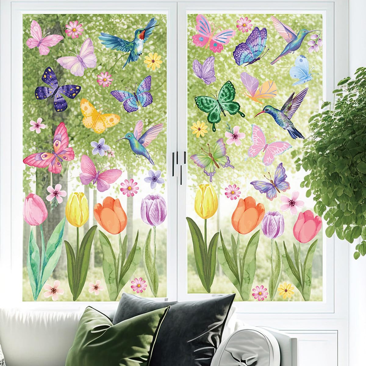 FOUORTUNATE-BEE Fenstersticker 8 Blätter Aquarell Fensterbilder Frühling Selbstklebend Fensterbilder, Blumen Vogel Schmetterling für Fensterdeko Kinderzimmer Frühlingsdeko