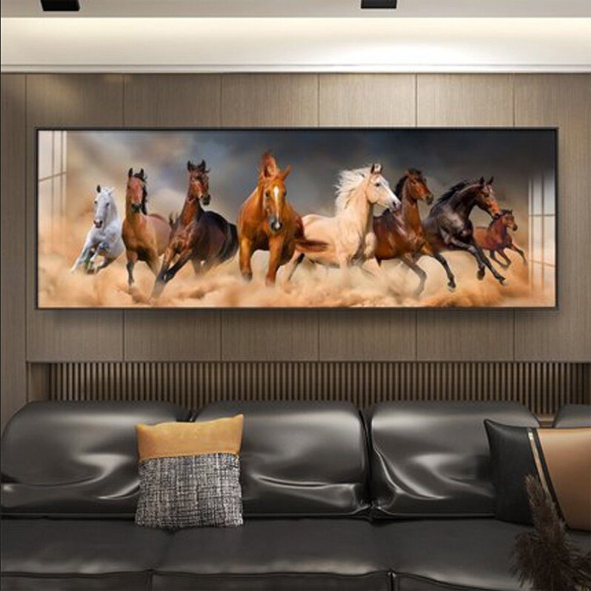 TPFLiving Kunstdruck (OHNE RAHMEN) Poster - Leinwand - Wandbild, Breitbildformat - Wilde Pferde - (Mehrere Motive in verschiedenen Größen), Farben: Braun, Beige, Schwarz, Grau, Gold - Größe: 120x40cm