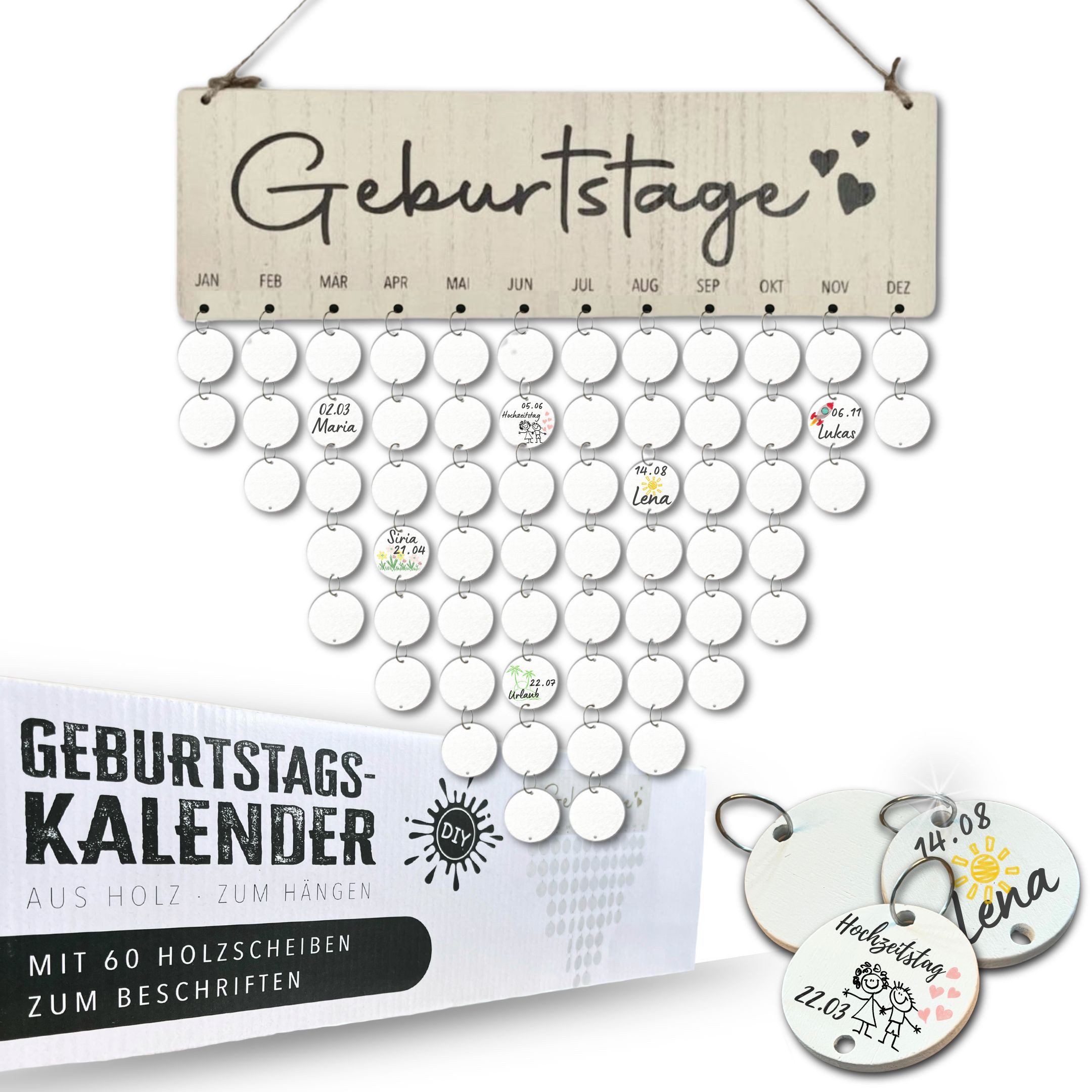 Bada Bing Семейный календарь DIY Календарь дня рождения mit Holzscheiben zum beschriften, Настенный календарь mit 60 Holzplättchen
