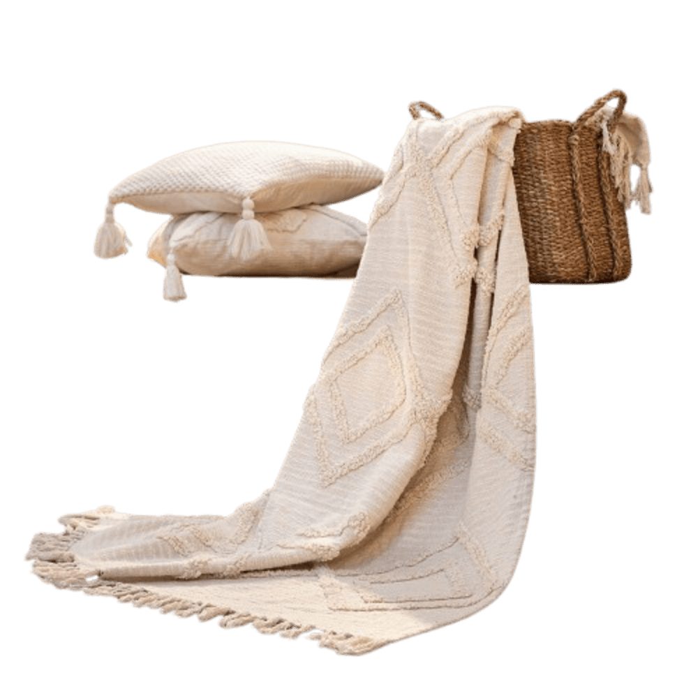 Wohndecke Webdecke Boho Stil Decke Sofadecke Plaid 130 x 170 Creme Makramee günstig online kaufen
