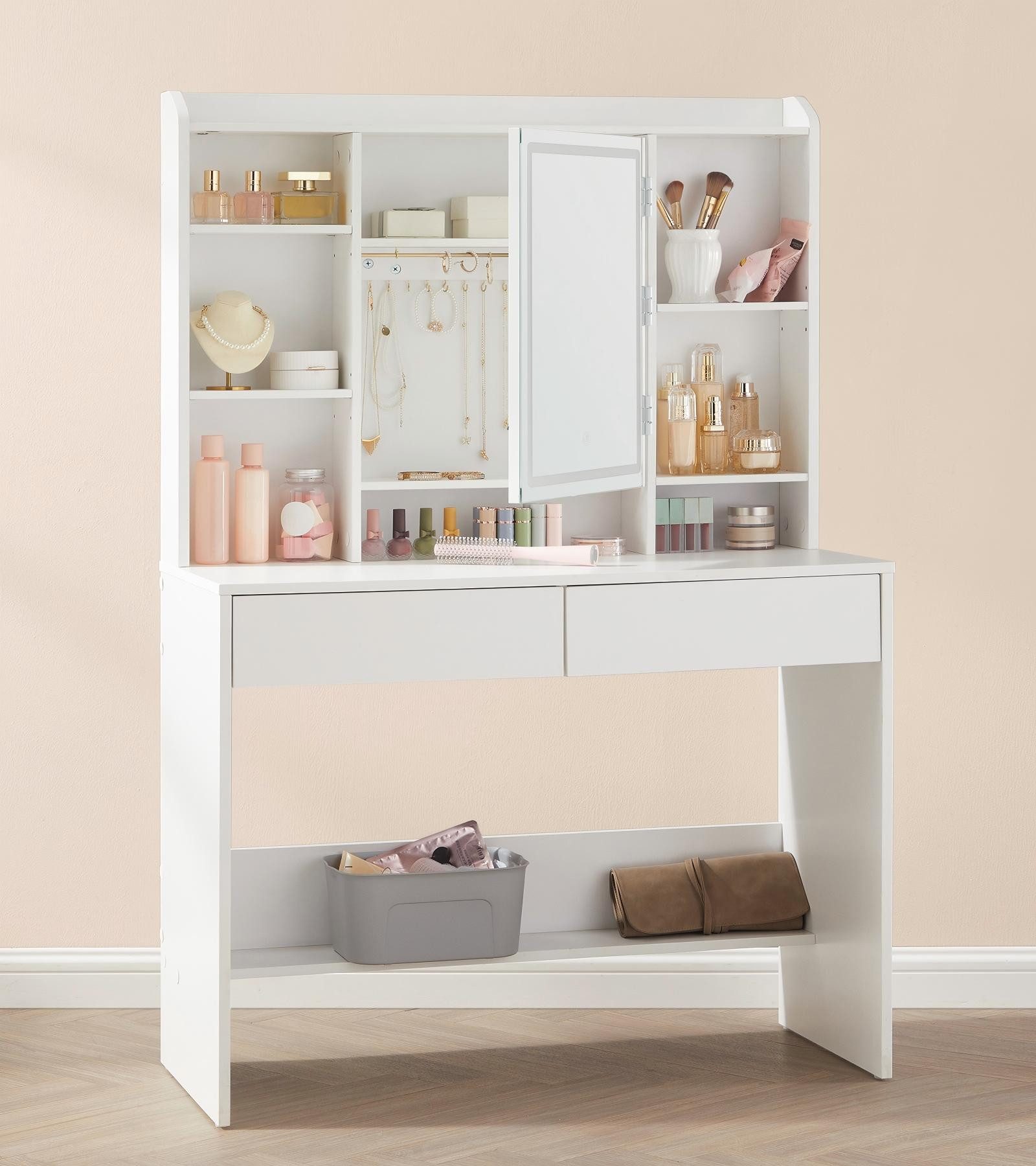 VASAGLE Schminktisch mit LED-Beleuchtung, 3 Farben mit Einstellbarer Helligkeit, Kosmetiktisch mit verstellbaren Ablagen, 2 Schubladen, Spiegel
