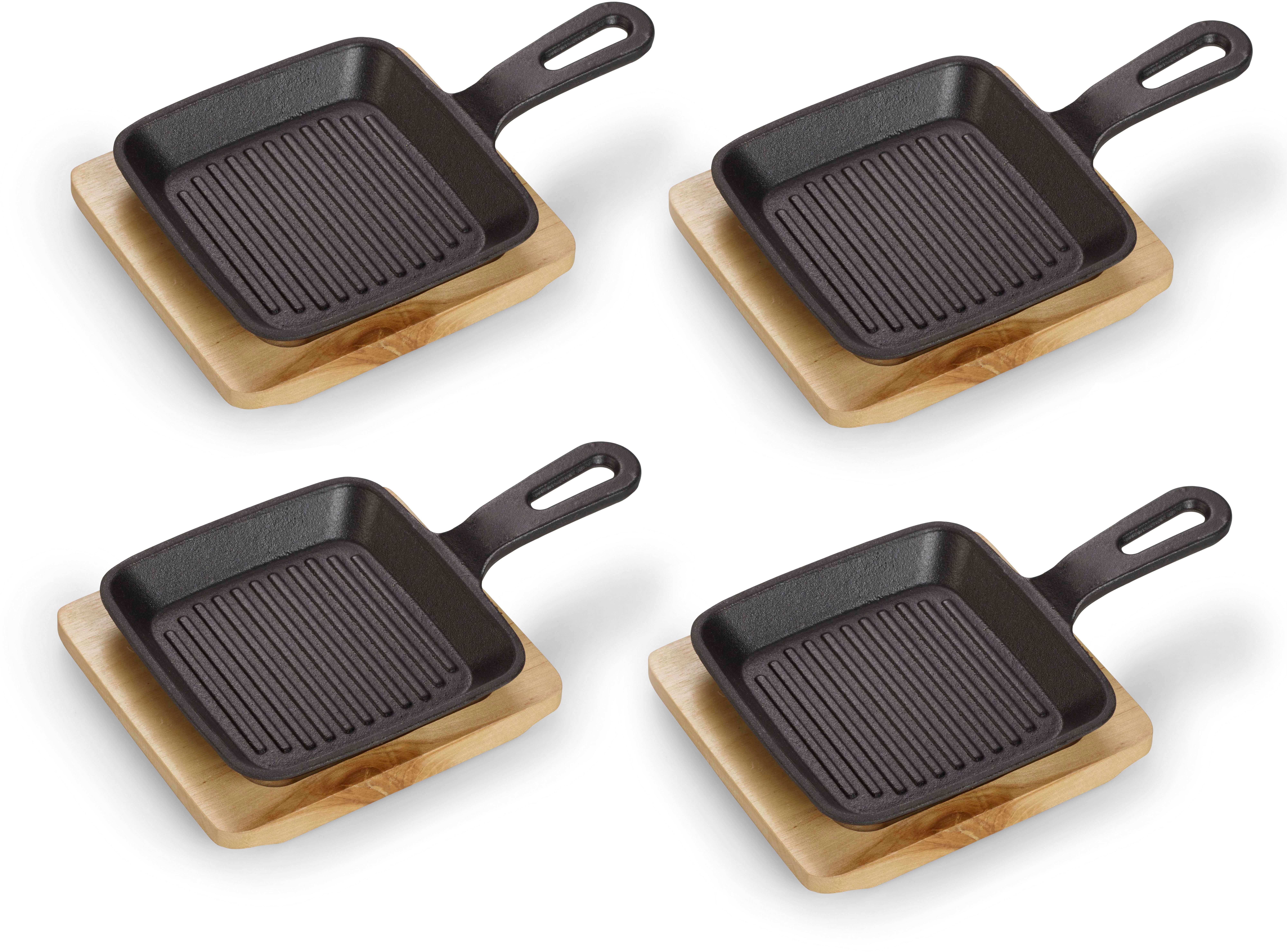 ECHTWERK Servierpfanne 4x Quadratische Servierschale mit Grillstreifen, Gusseisen (Set, 4-tlg), inkl. dekorativem Servierbrett, bereits eingebrannt