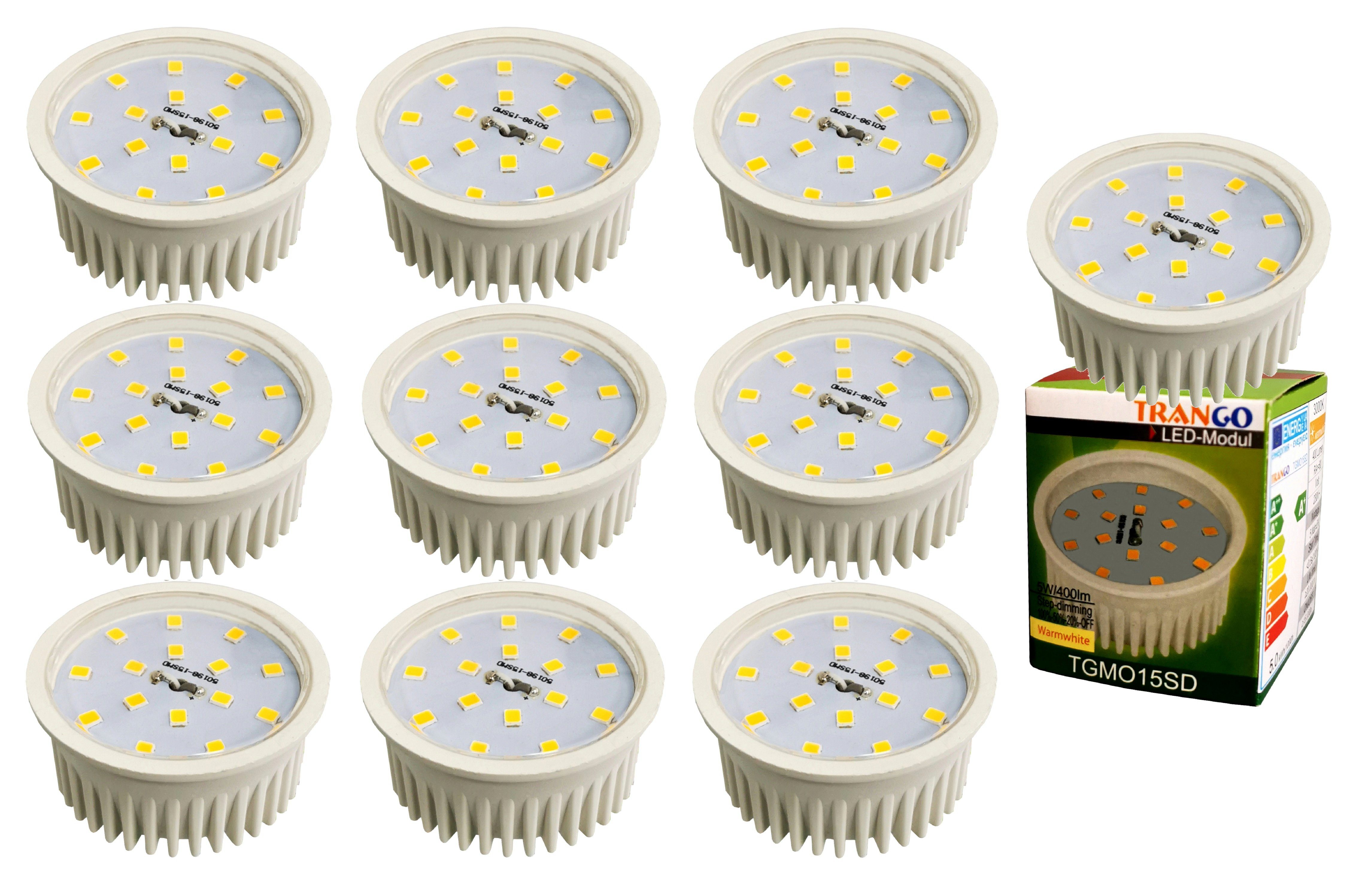 TRANGO LED Einbaustrahler, 10er Pack MO15SD-10 dimmbare GU10 LED Leuchtmittel 3000K warm weiß zum Austauschen GU10 & MR16 Halogen Leuchtmittel, für Einbauleuchten, Deckenstrahler, Deckenleuchte, Spots