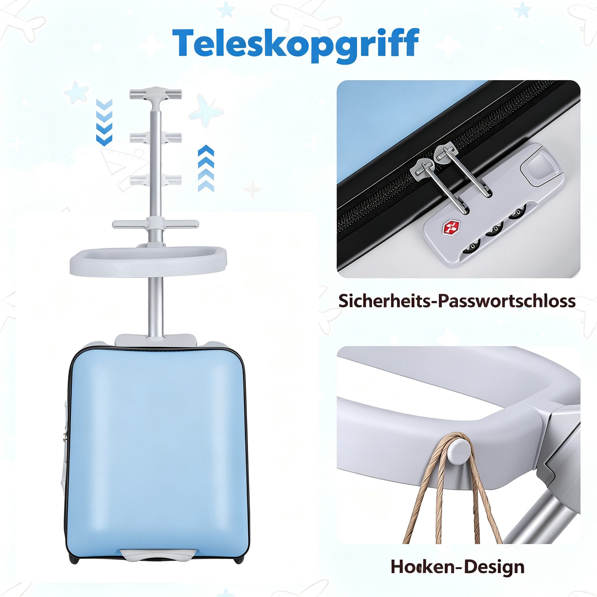 Rutaqian Kinderkoffer Kinderkoffer zum Draufsitzen, 20 Zoll, 45L, 4 Rollen, Ride-On, Abnehmbarer Sitzrahmen mit Sicherheitsbügel, bis 50 kg – Bild 3 von 5