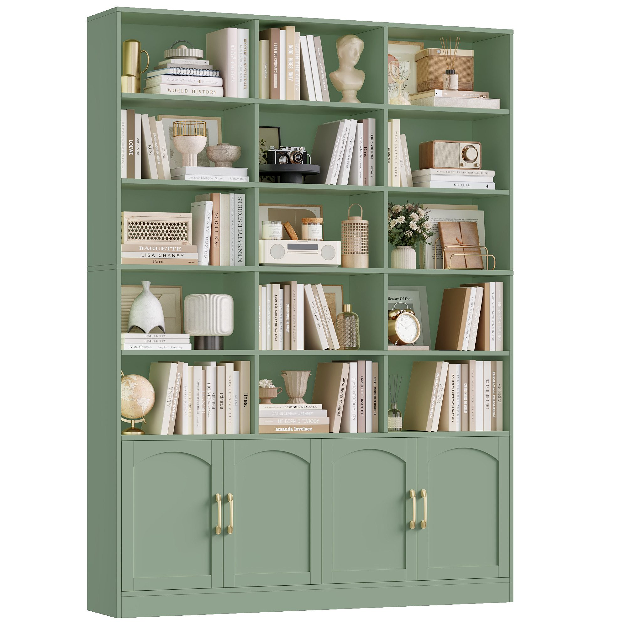 Homfa Bücherregal 209cm Bücherschrank Hochschrank Raumteiler Standregal, mit 15 offenen Fächern und 4 Türen, Holz, 150x23,7x209 cm, Grün