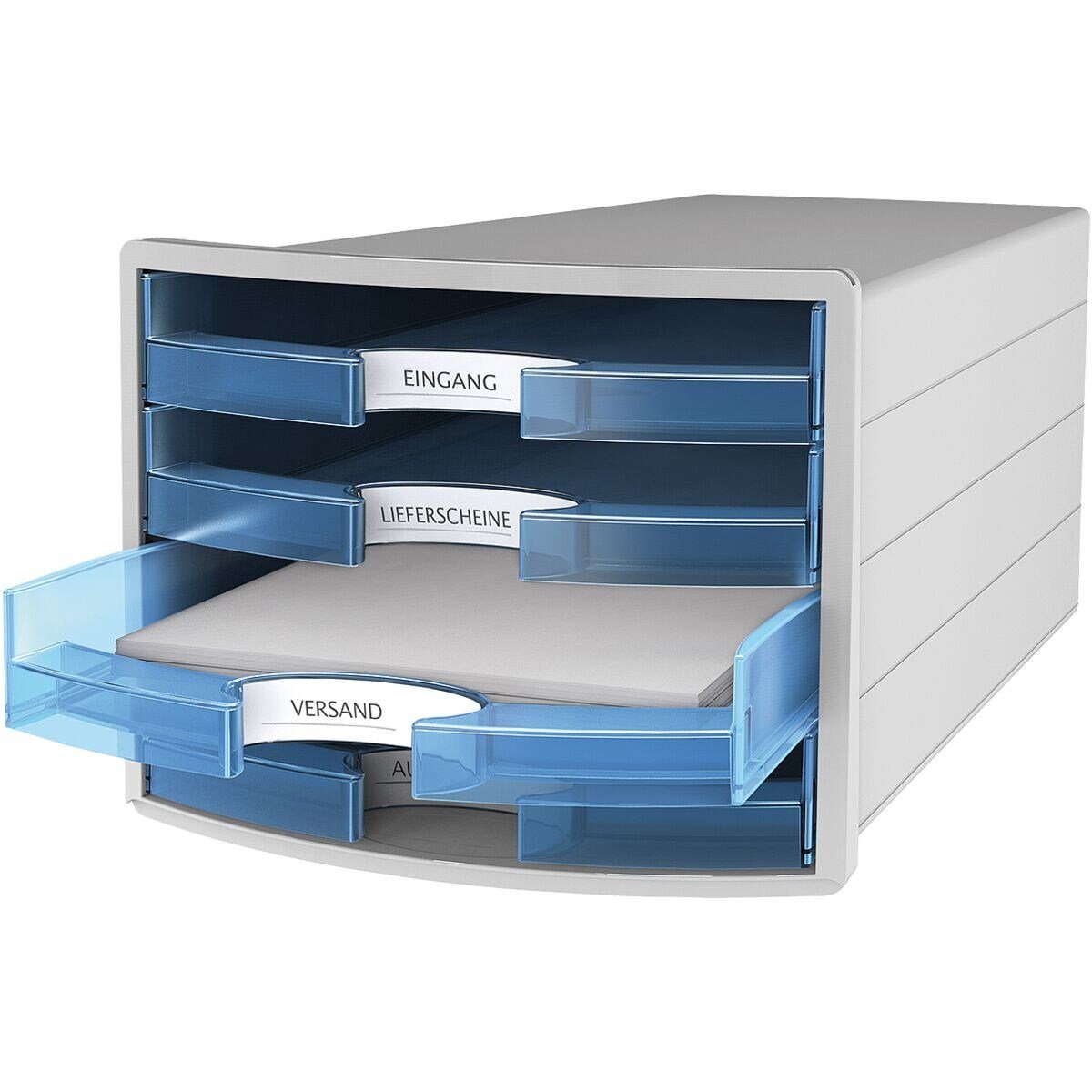 HAN Schubladenbox stapelbar offen, 4 mit Schubladen, Impuls, blau/transparent