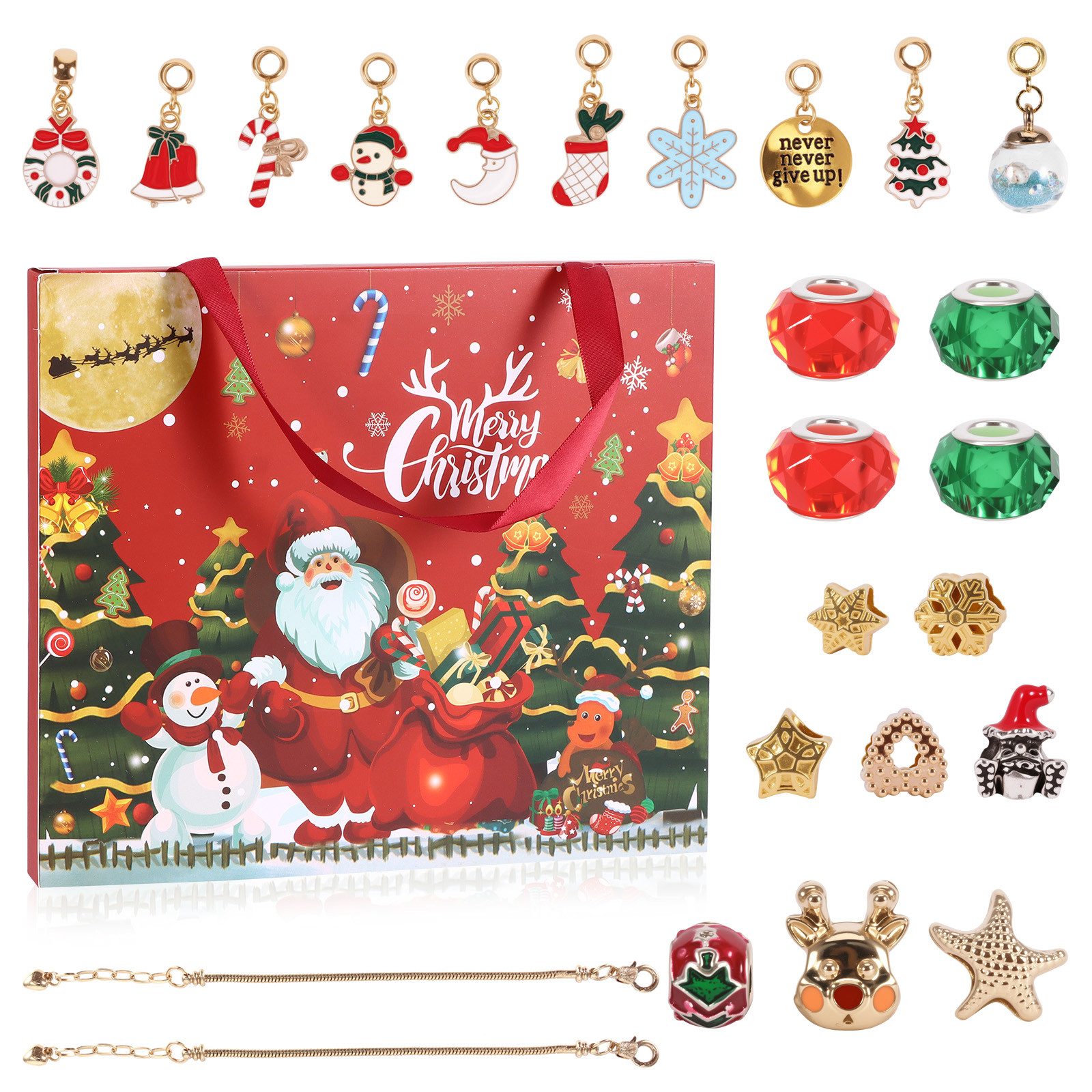 BlingBin Адвент-календар своїми руками 24-Tage Countdown Kalender Armband Blindbox Weihnachtsarmband Geschenk (1er Set, 24-tlg), DIY Surprise Accessoires Anhänger Schmuck Ring Halskette Basteln