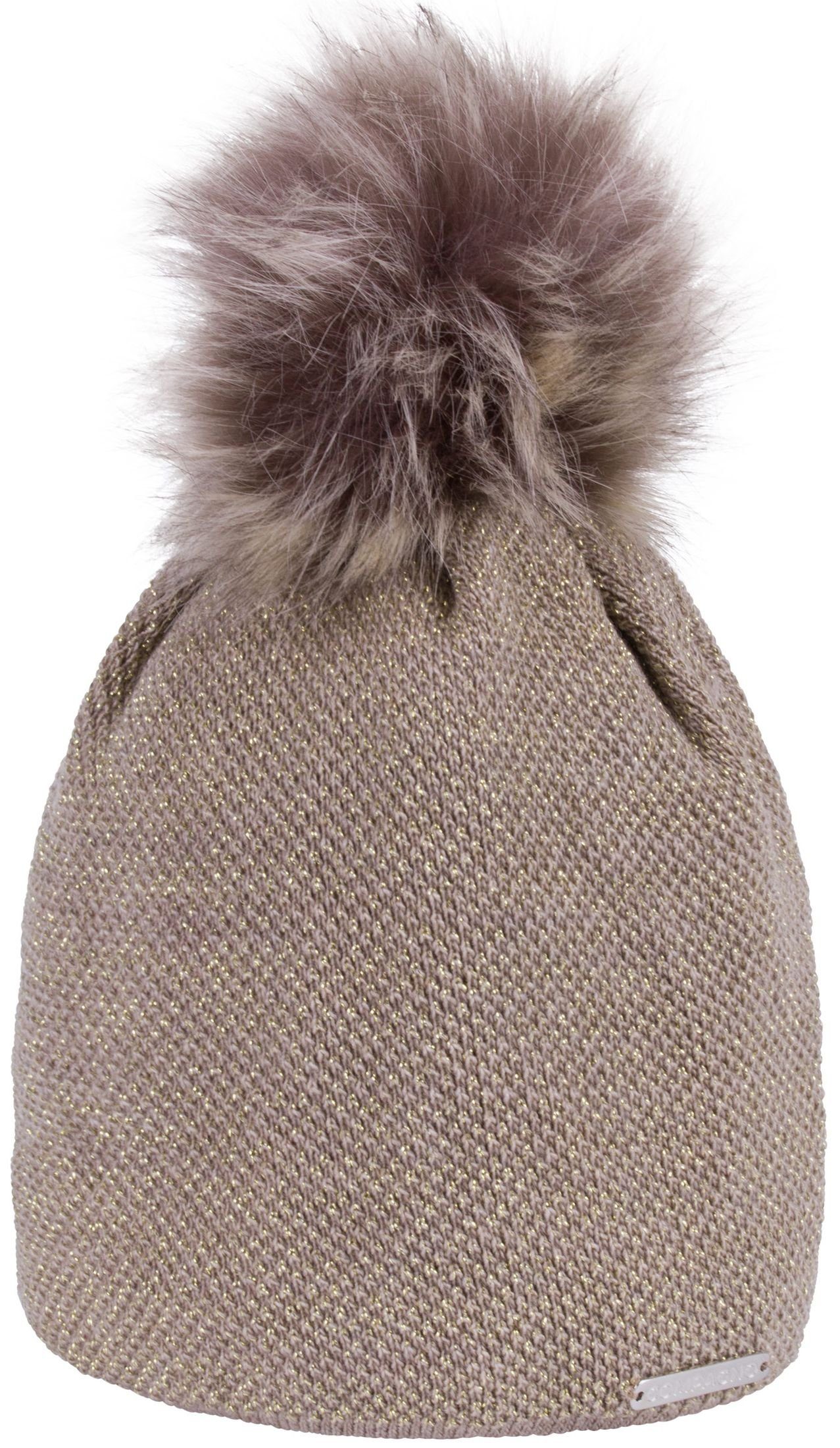 (1-St) Beanie Mütze Strickmütze hellbraun Metallic-Garn Bommelmütze Wintermütze compagno Damen