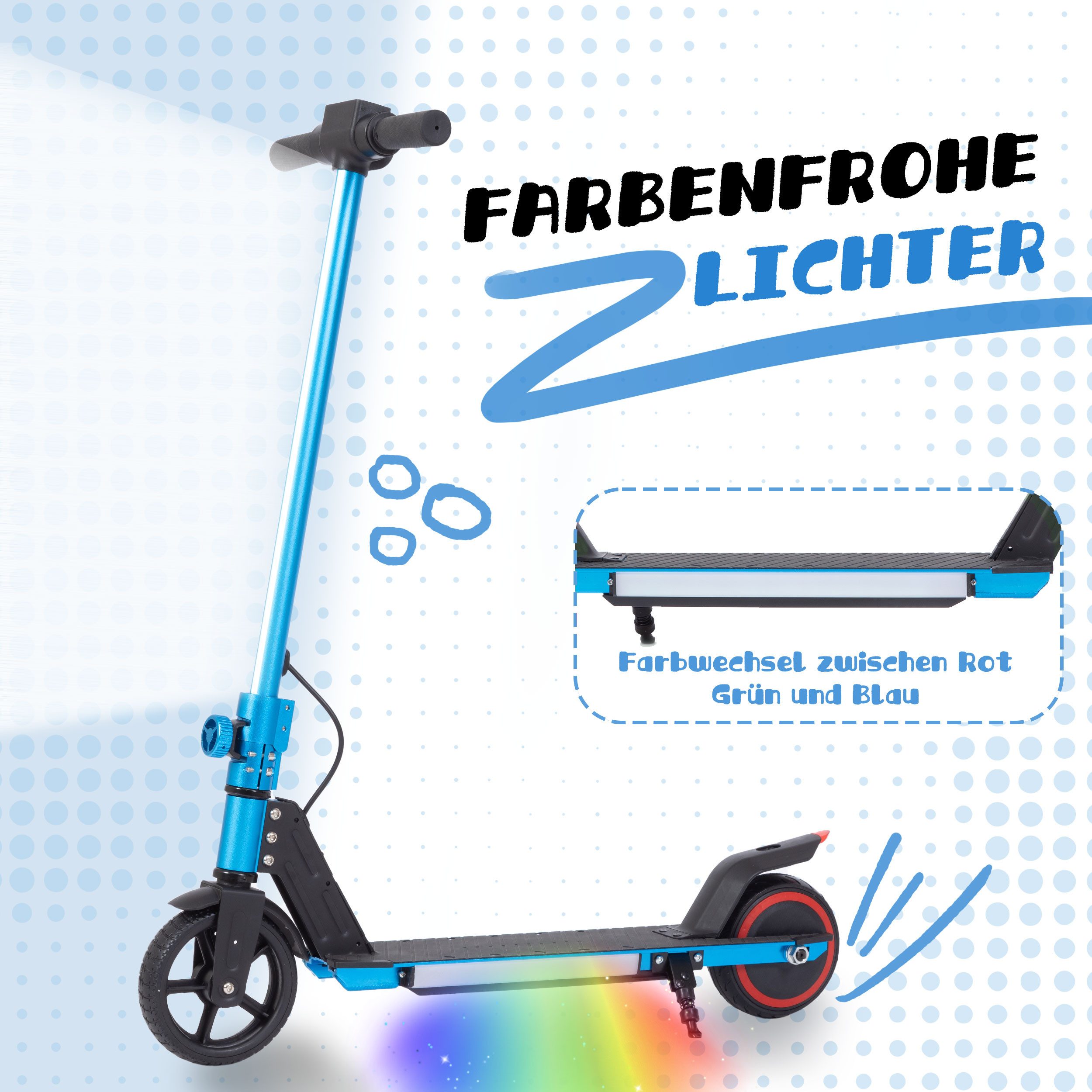 Vankel Elektro-Kinderroller klappbar, Lenksäulenlicht, mit Haken, EBS + Fußbremse, 6–15 Jahre, 150W Motor, 5–9 km Reichweite, 50kg Traglast, Vollgummireifen