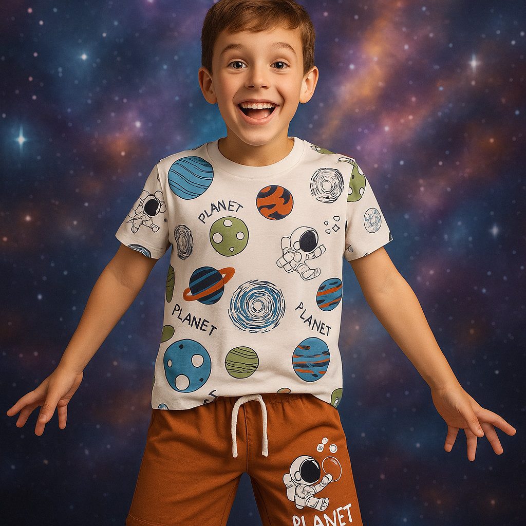 T-Shirt & Shorts Jungen Outfit, 2er Set: T-Shirt + Shorts, Weiß-Braun, 100% Baumwolle