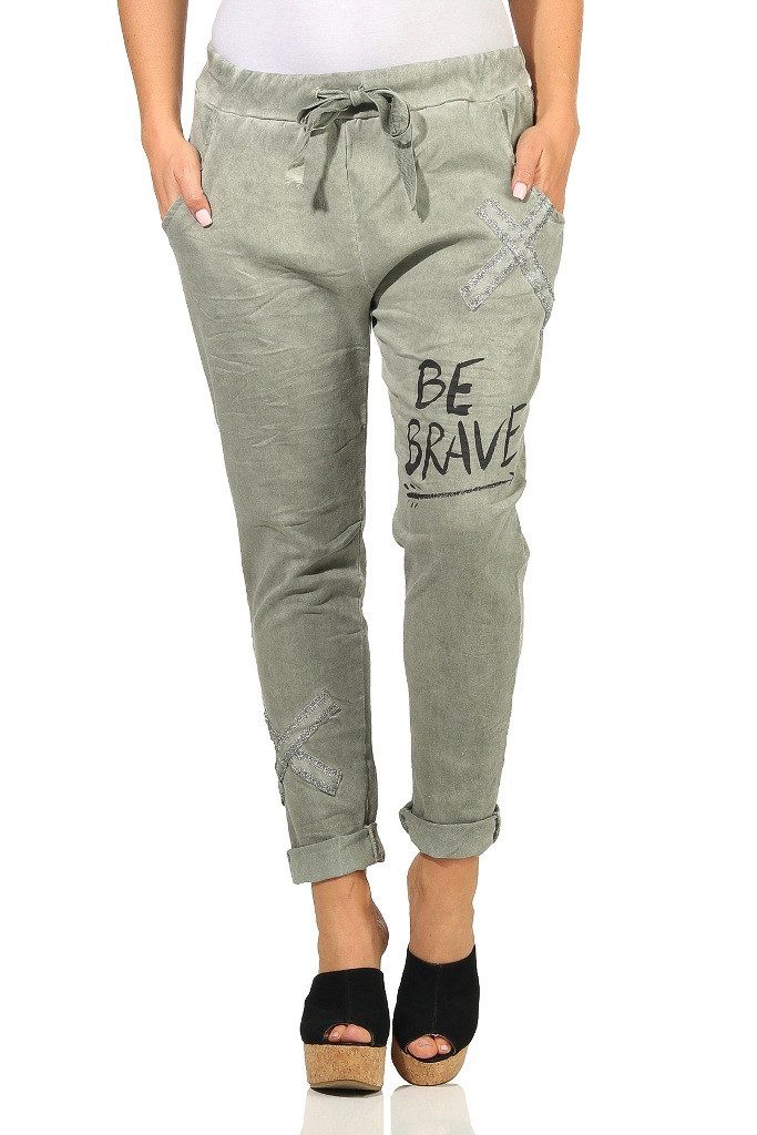 Mississhop Chinohose Trendige Jogger-Hose mit Print & Patches – Bequem