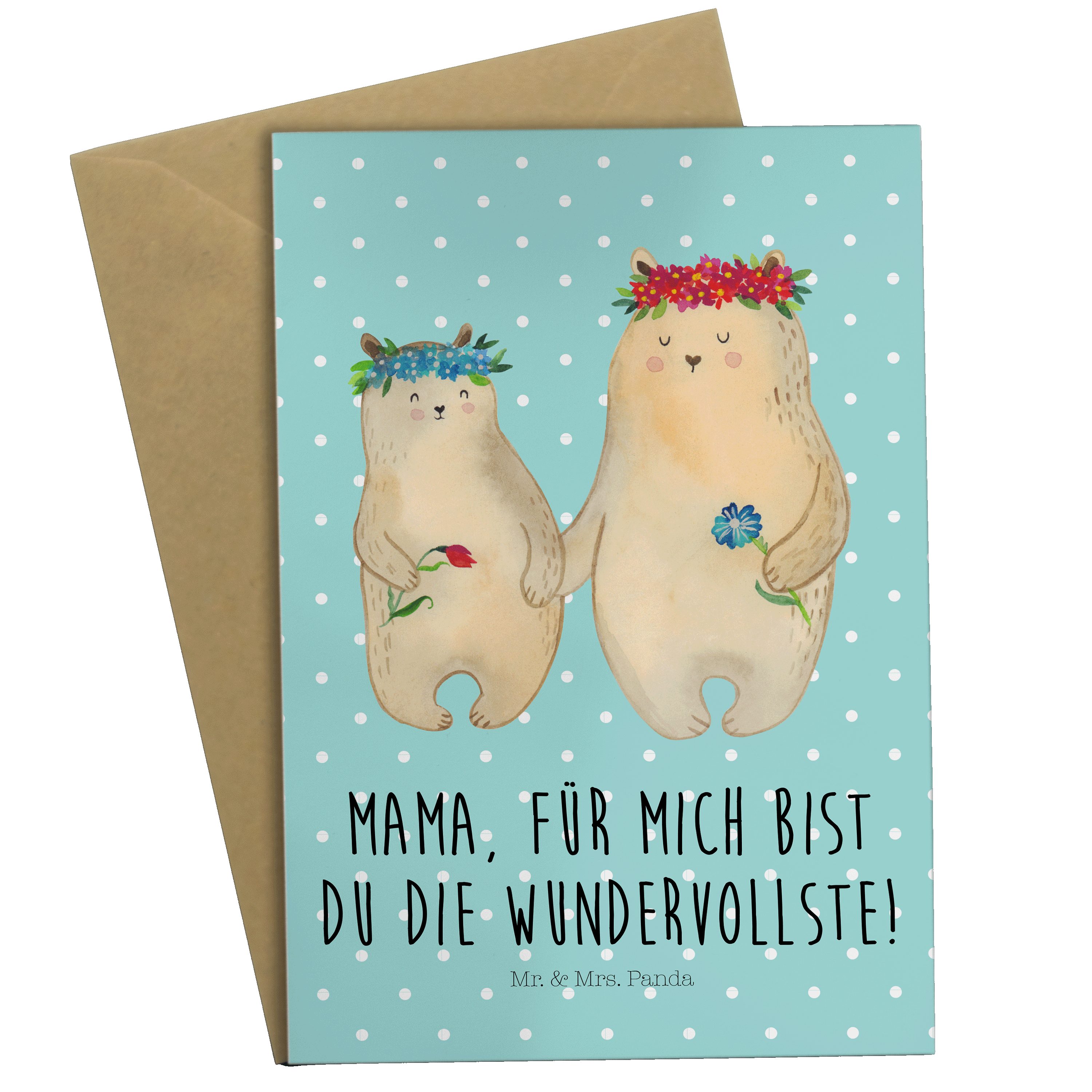 Grußkarte Bären Panda Geschenk, Mrs. Türkis & Blumenkranz - Mr. - Glü Vorbild, mit Pastell Mama,
