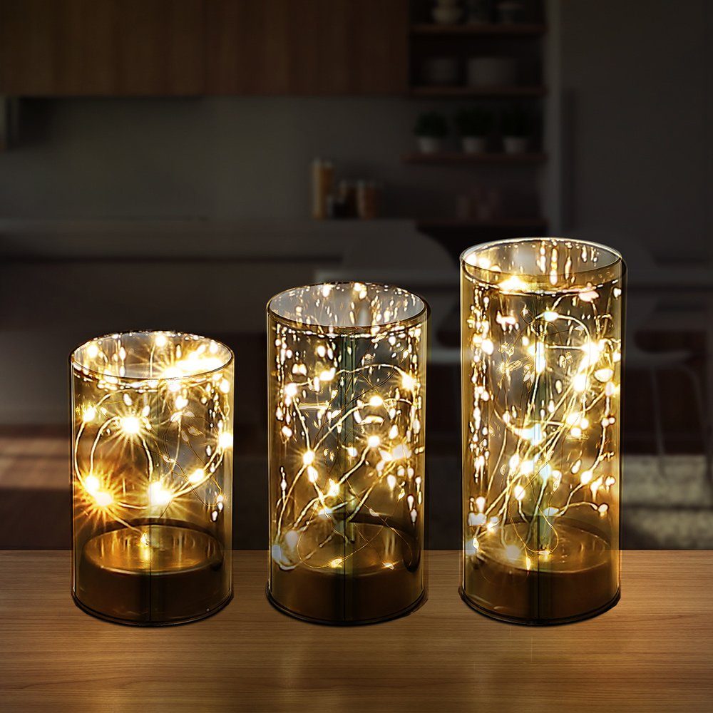 Rauchglas Tischleuchte 3er Warmweiß, LED Windlicht verbaut, LED-Leuchtmittel LED Dekolicht, Dekolampe Set etc-shop fest Lichterkette