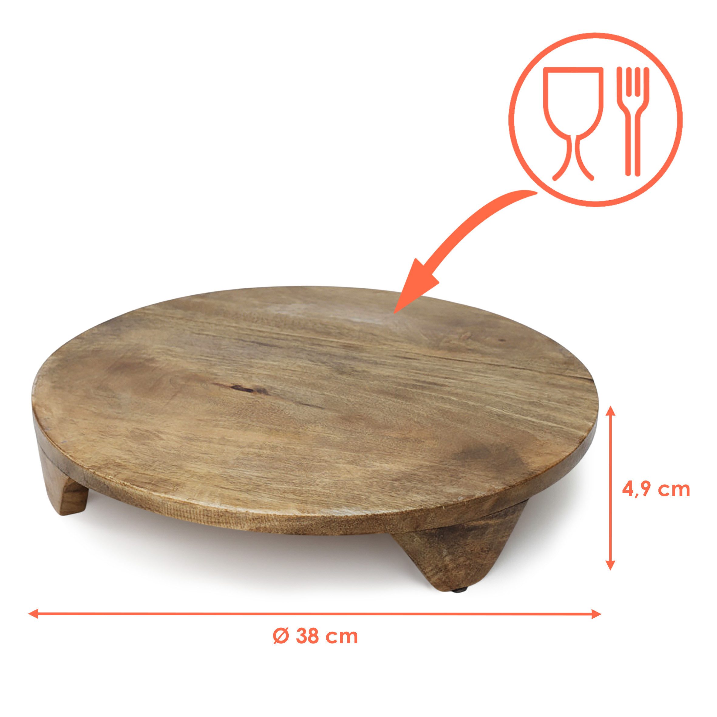 Spetebo Servierteller Mangoholz Servierteller groß rund auf Füßen - 38 cm, Mangoholz, (Anzahl, 1-tlg., Stück), lebensmittelecht