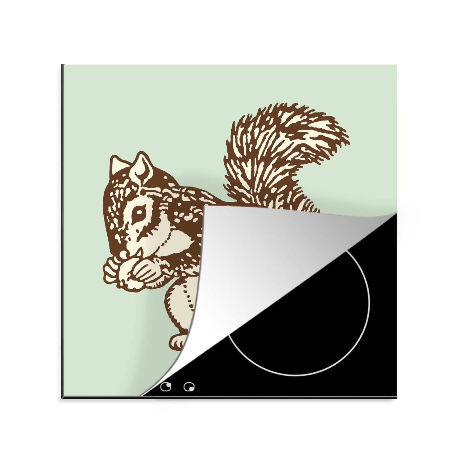 MuchoWow Herdblende-/Abdeckplatte Eine Illustration eines Eichhörnchens mit einer Eichel, Vinyl, (1 tlg), 78x78 cm, Ceranfeldabdeckung, Arbeitsplatte für küche