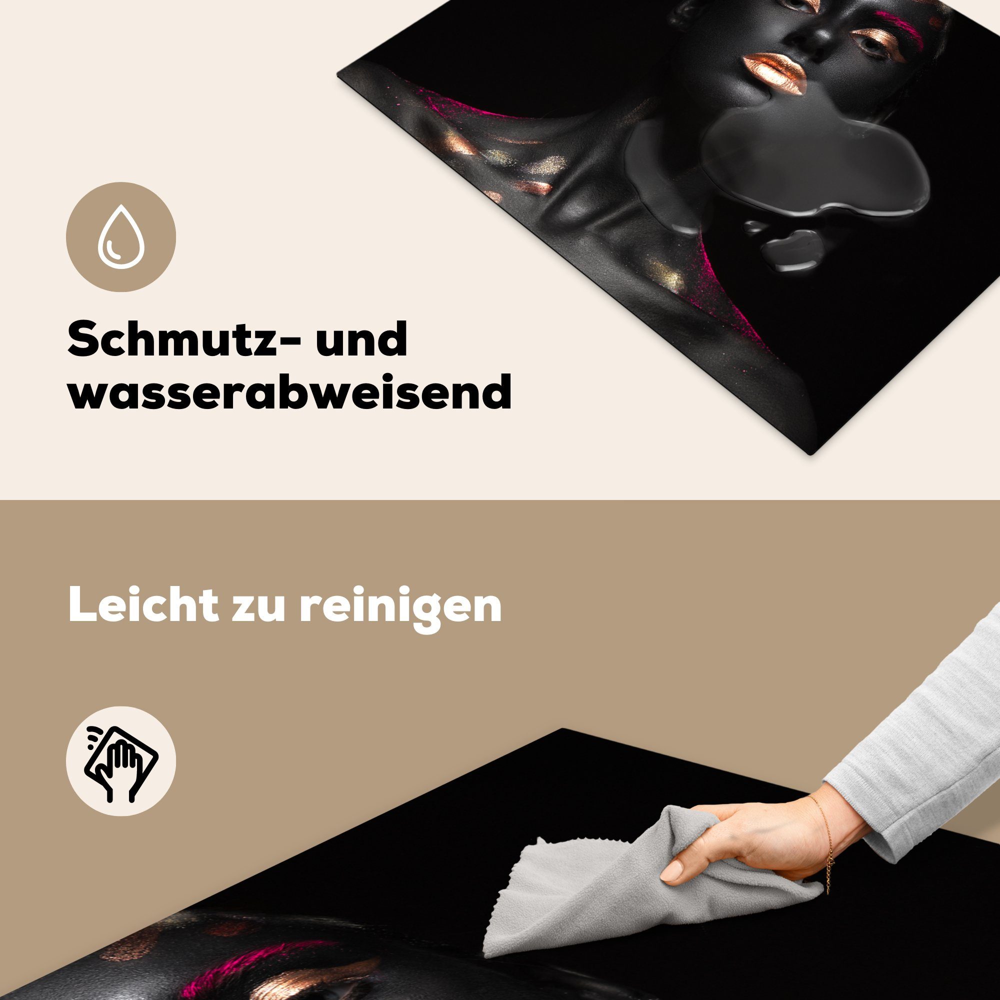 Frau Schutz MuchoWow - für Induktionskochfeld Kupfer Vinyl, küche, cm, (1 - die Schwarz, tlg), Herdblende-/Abdeckplatte - 71x52 Ceranfeldabdeckung Rosa