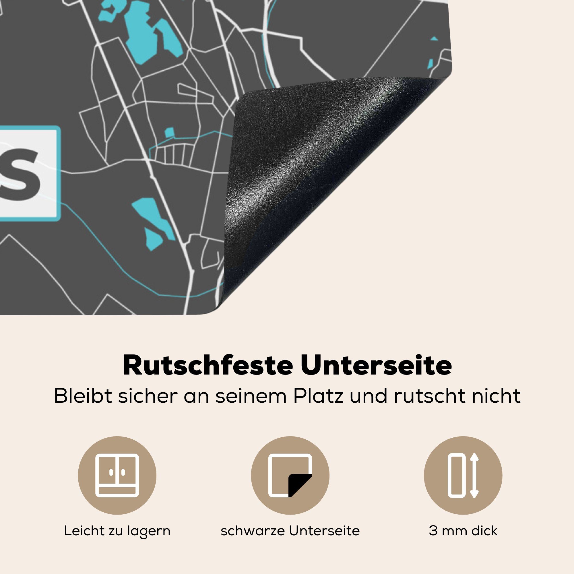 78x78 für Stadtplan Karte Arbeitsplatte - Blau MuchoWow (1 tlg), küche Vinyl, Herdblende-/Abdeckplatte Moers cm, Ceranfeldabdeckung, Deutschland, - - -