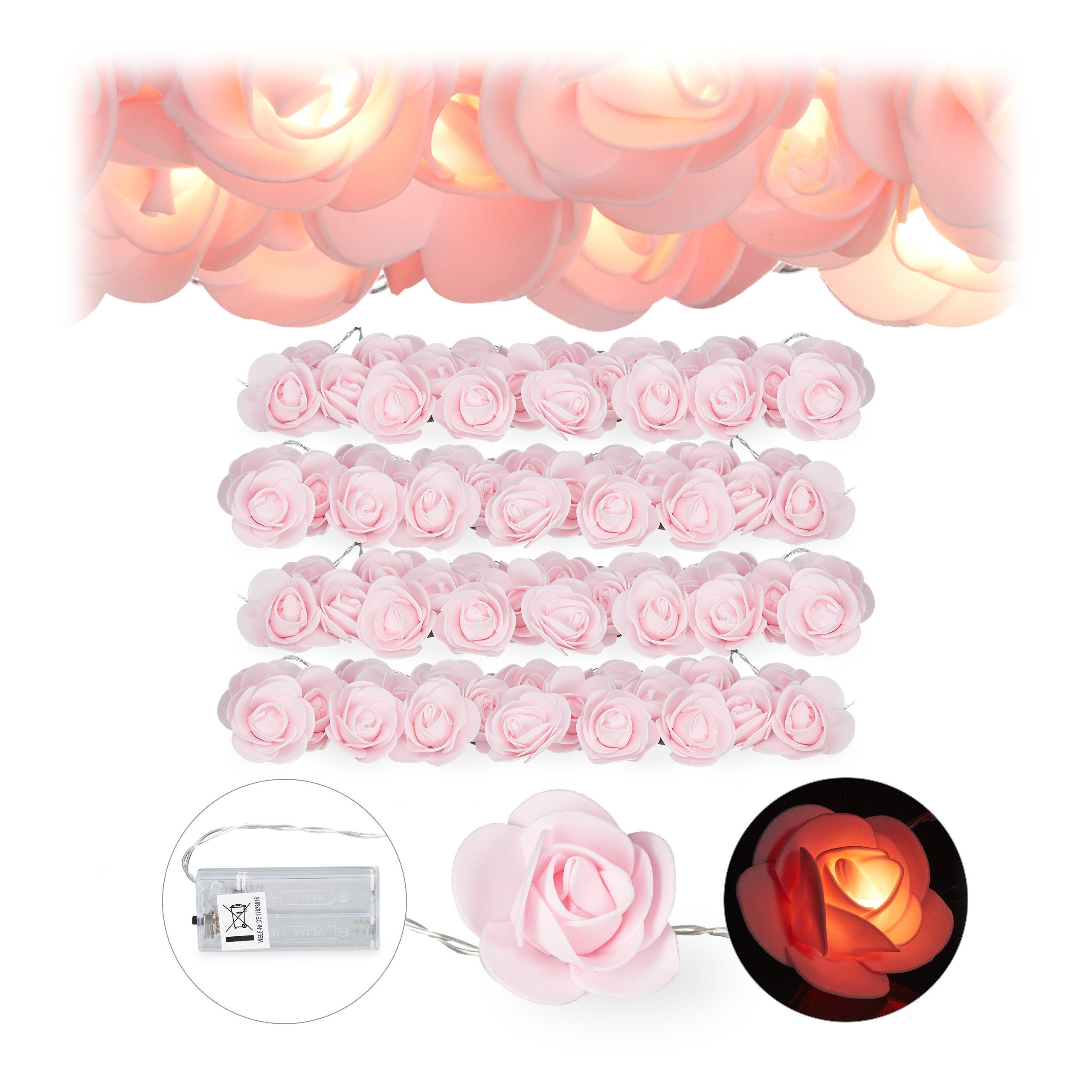relaxdays Lichterkette Lichterkette Rosen rosa 4x