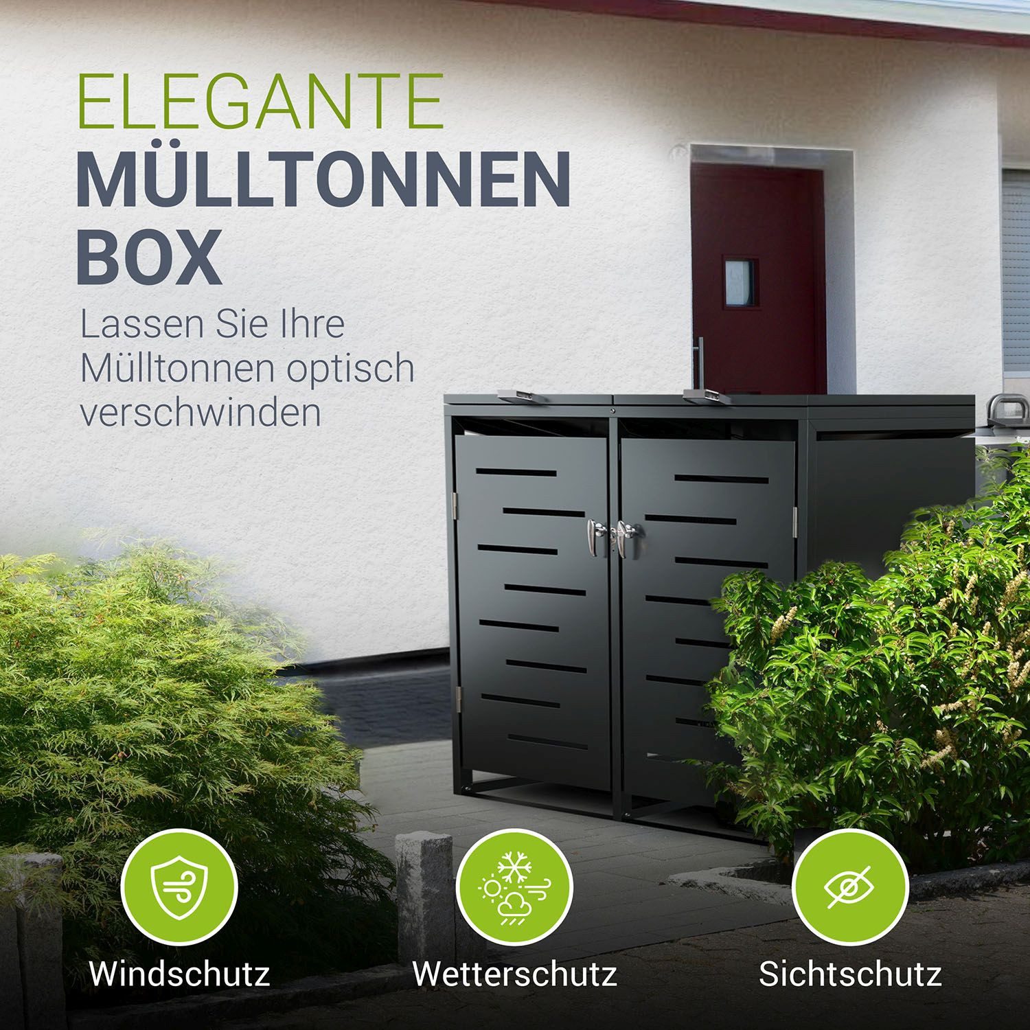 Juskys Mülltonnenbox Arel, 2er Metall Müllbox mit Dach, 120, 240 Tonne, abschließbar & modern