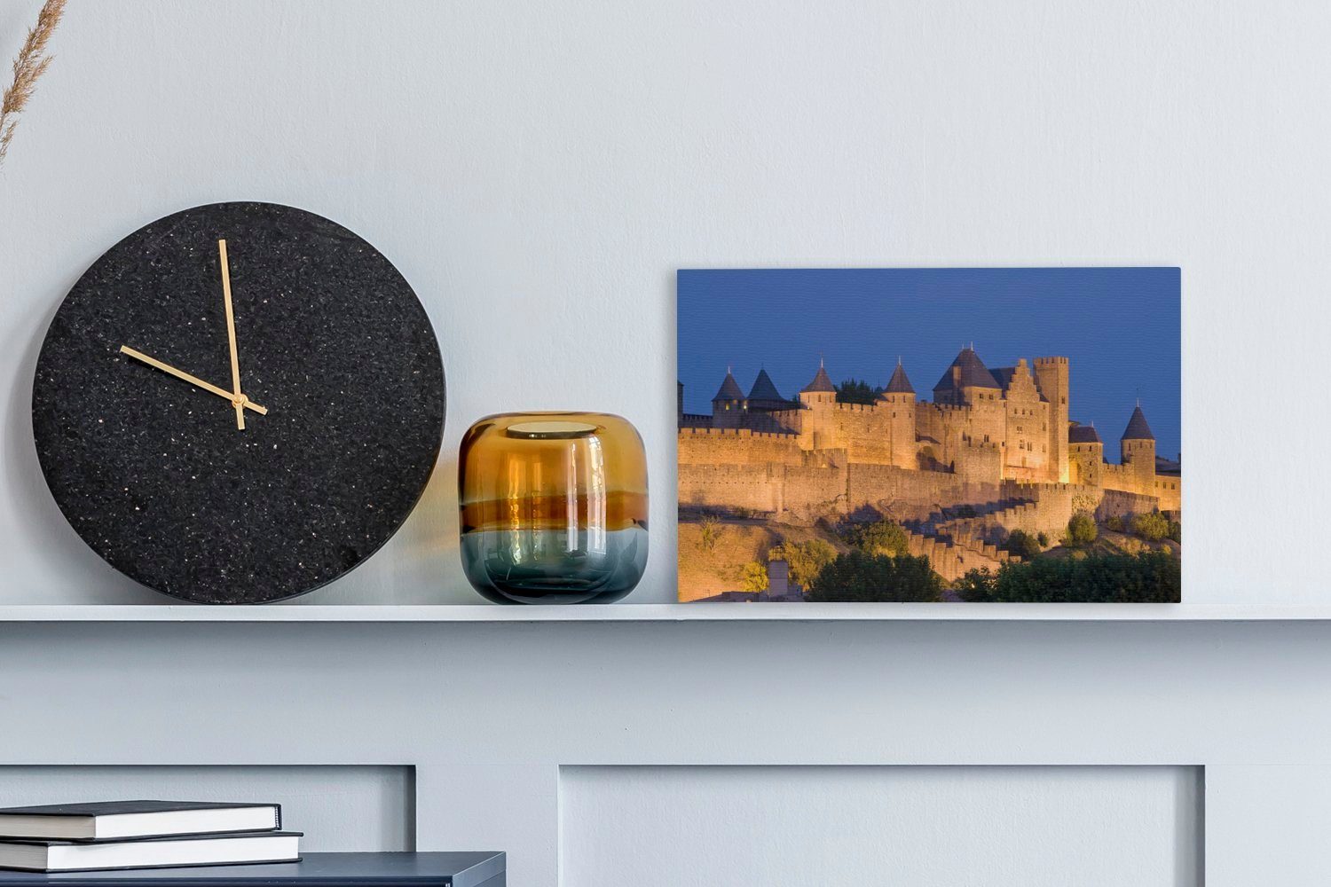 Leinwandbilder, Wandbild cm Beleuchtung Leinwandbild Carcassonne - Wanddeko, OneMillionCanvasses® Aufhängefertig, (1 St), - 30x20 Schloss,