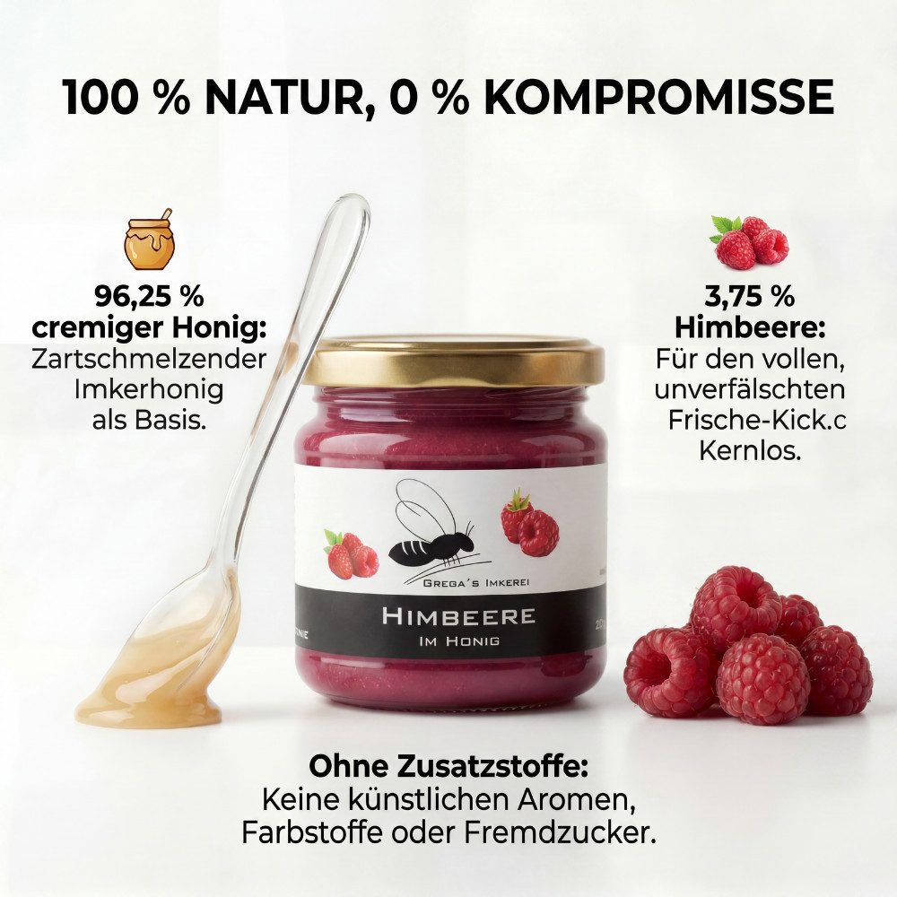 Grega´s Imkerei Honig Himbeere im Honig 250g, 1 x (Honig & mehr direkt vom Imker), Cremige Frucht Honig-Spezialität mit nur zwei natürlichen Zutaten – Bild 4 von 5