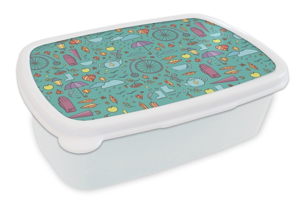 MuchoWow Lunchbox Herbst - Muster - Fahrrad - Regen, Kunststoff, (2-tlg), Brotbox für Kinder und Erwachsene, Brotdose, für Jungs und Mädchen weiß