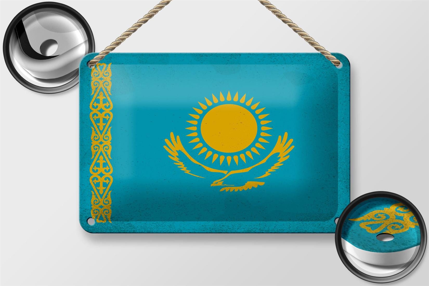 Femer GmbH Metallschild Flagge Kasachstan 18x12cm Kazakhstan Vintage, (1 St), gewölbte Oberfläche, abgerundete Ecken, umgeschlagene Kanten