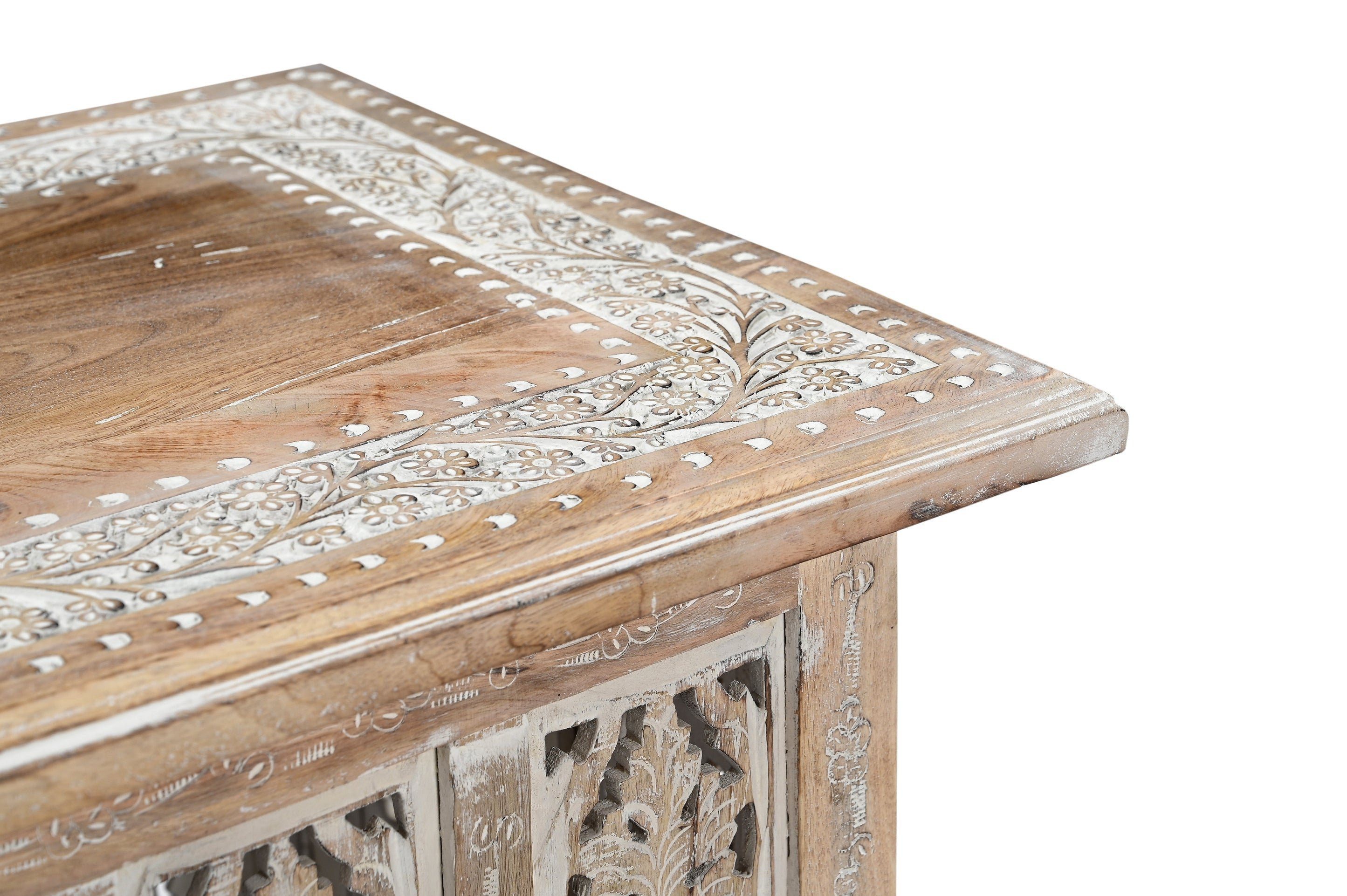 iAnanas Beistelltisch Orientalischer Elefantentisch Holz Dekotisch (Massivholz Beistelltisch Antikbraun - Rund mit geschnitztem Muster, 1-St), Orientalischer Sofatisch Massivholz - Mandala Holztisch Unikat