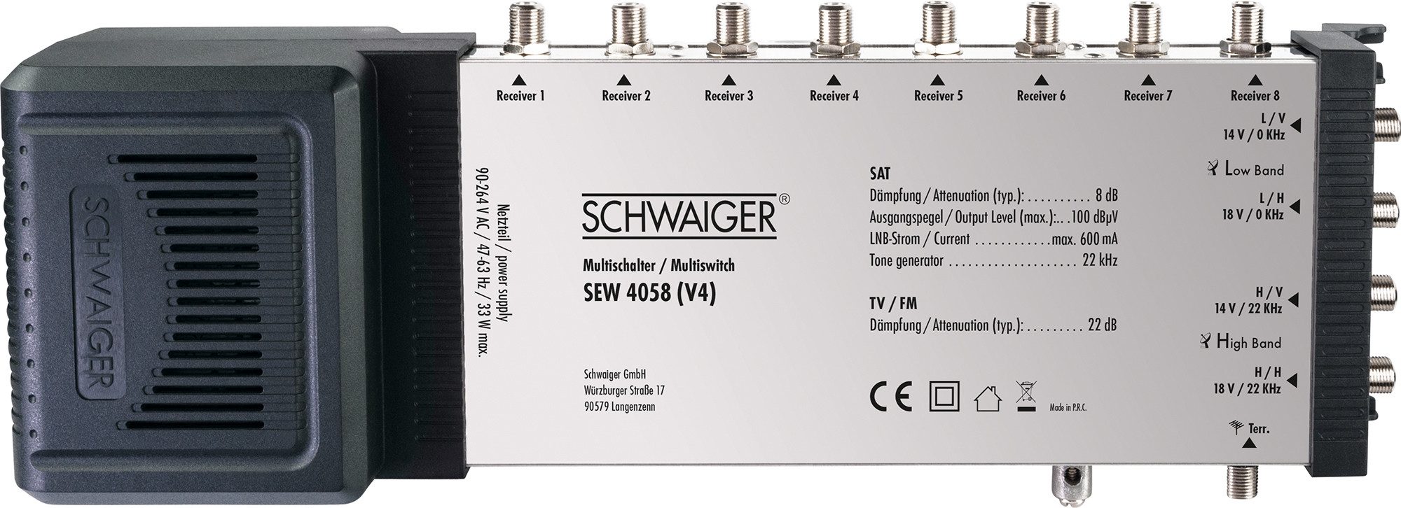 Schwaiger SAT-Multischalter SEW4058 531 (Verteilt 1 Satellitenposition auf 8 Ausgänge), unabhängige Programmvielfalt für alle Teilnehmer