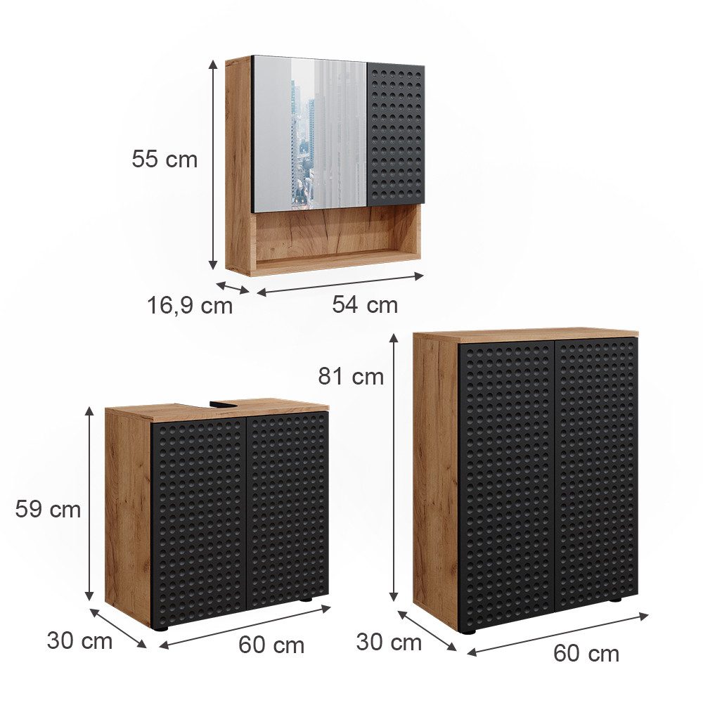 Vicco Badmöbel-Set Irma, Goldkraft Eiche/Anthrazit, 3 Teile, mit Unterschrank 60 cm, (3-er Set, 3-St., 3er Set)