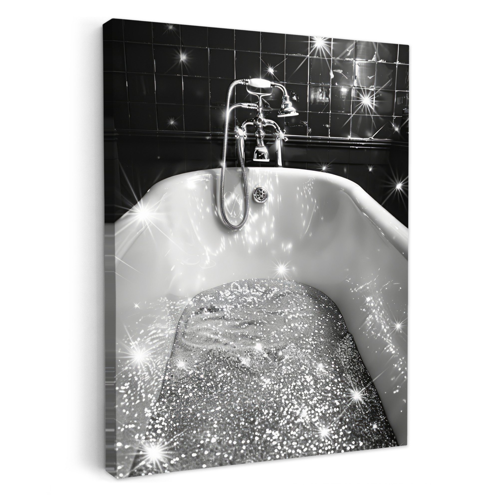 OneMillionCanvasses® Leinwandbild Badewanne - Glitzer - Schwarz und weiß - Badezimmer, Fotodruck (1 St), Badezimmer Deko, Bilder Bad, Gäste WC Wanddeko 30x40 cm