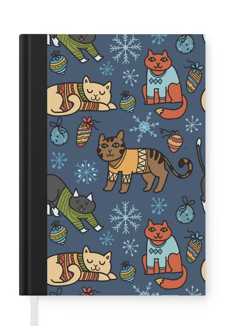 MuchoWow Notizbuch Katze - Tiere - Weihnachten - Muster, Journal, Merkzettel, Tagebuch, Notizheft, A5, 98 Seiten, Haushaltsbuch