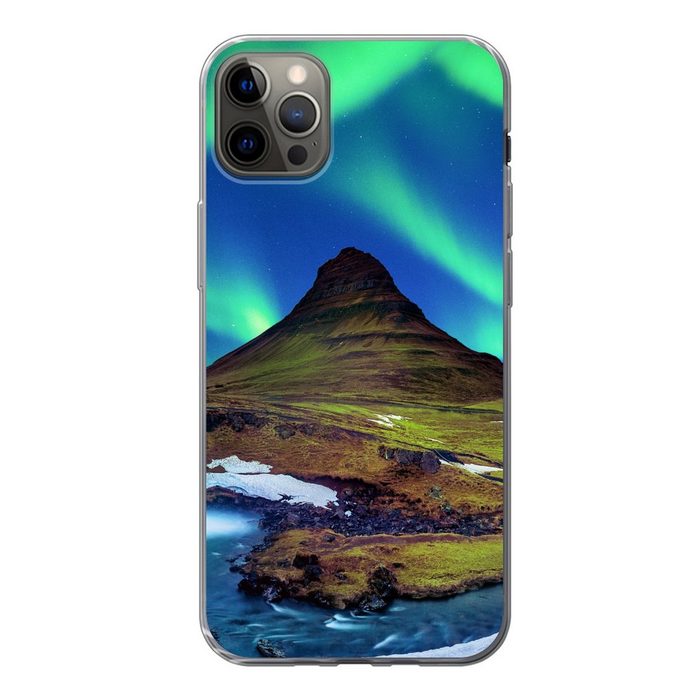 MuchoWow Handyhülle Nordlicht - Sternenhimmel - Island - Berg - Grün - Wasserfall - See Handyhülle Apple iPhone 13 Pro Max Smartphone-Bumper Print Handy