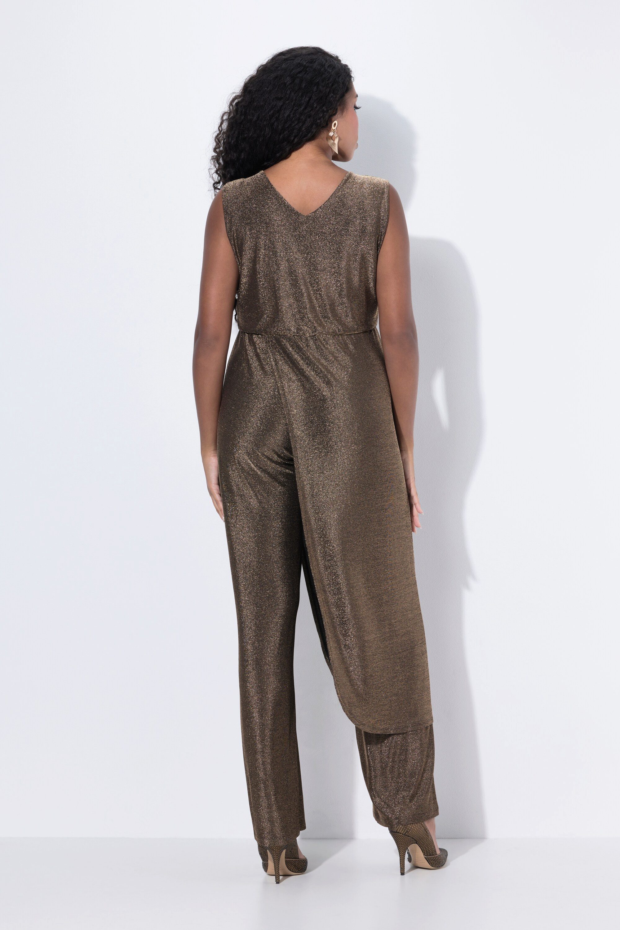 Ulla Popken Marlene-Hose Jumpsuit Glitter weites Bein V-Ausschnitt ärmellos
