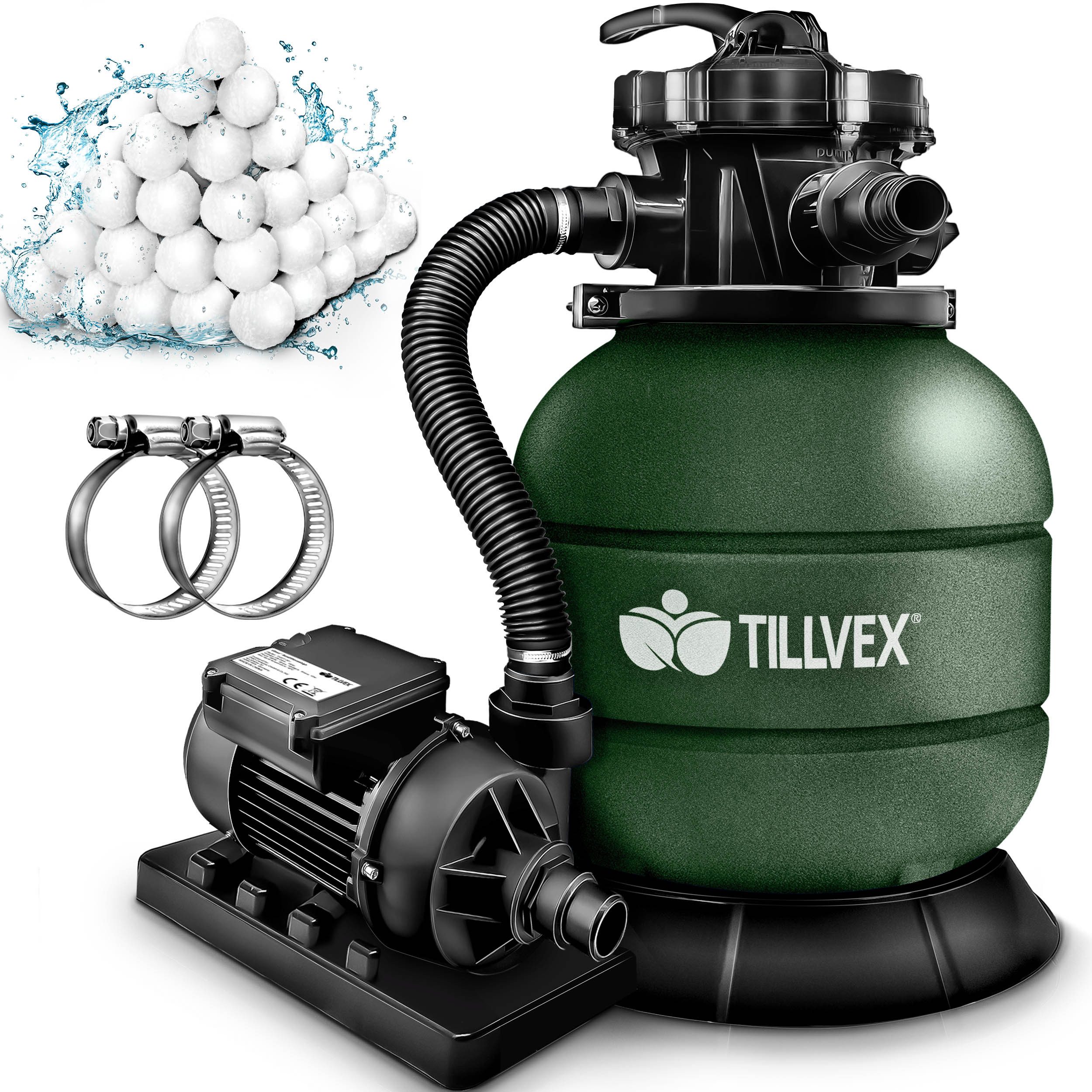 tillvex Sandfilteranlage Filteranlage 7.900L/h mit 400g Filterbällen + Pumpe Filter (Set), 7-Wege Ventil