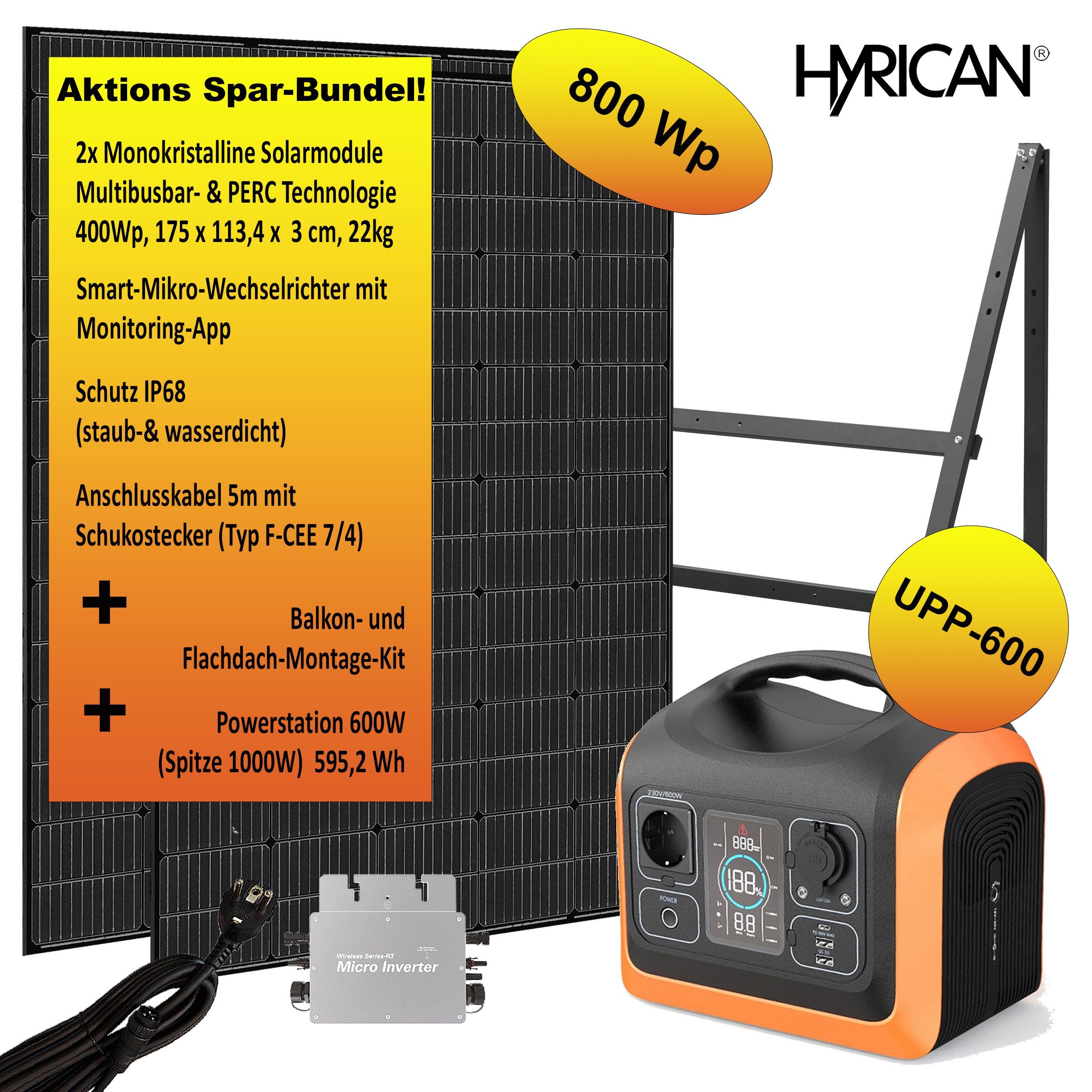 Hyrican Solaranlage Aktions Spar-Bundel: Balkonkraftwerk 800Wp & Powerstation 600W