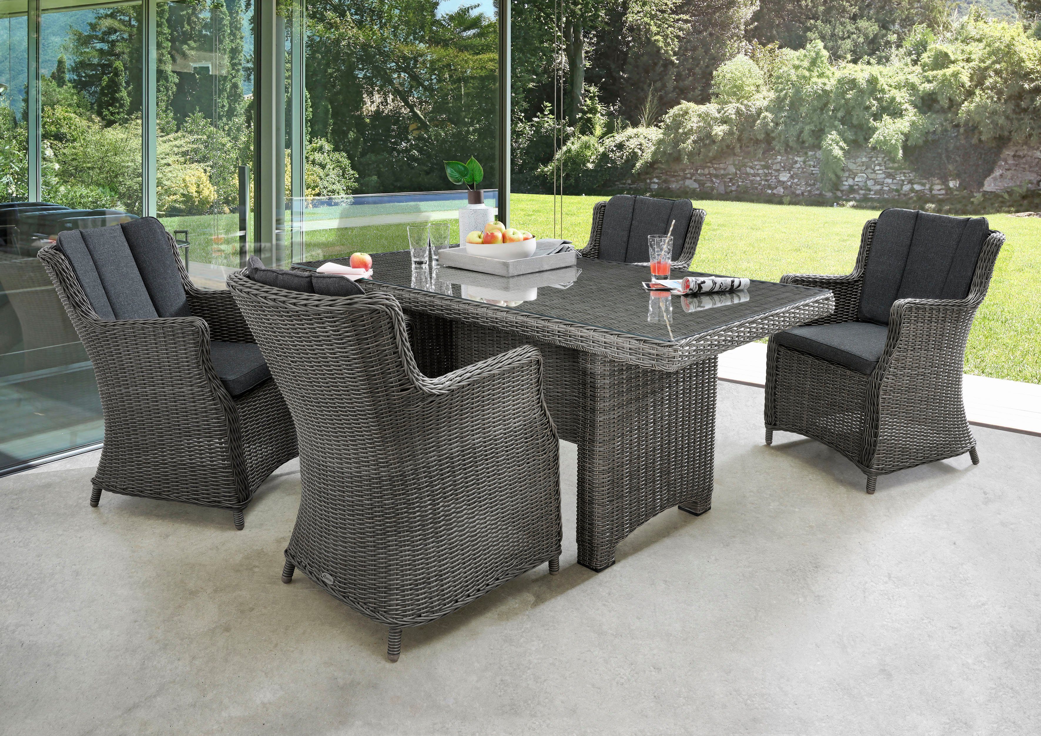 Destiny Garten-Essgruppe LUNA, (Set, 13-tlg), Polyrattan, 4 Sessel, Tisch 165x90x75 cm, inkl. Auflagen