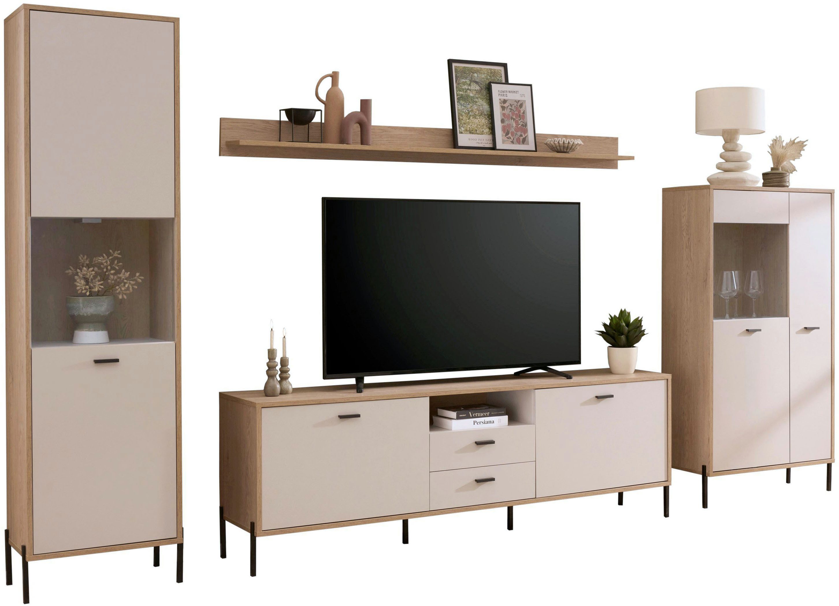 Home affaire Wohnwand Fredericia, moderne Anbauwand, Komplettset in Kaschmir, (Set, 4-St), enthält zwei Vitrinen, Lowboard und Wandboard, 349 cm breit