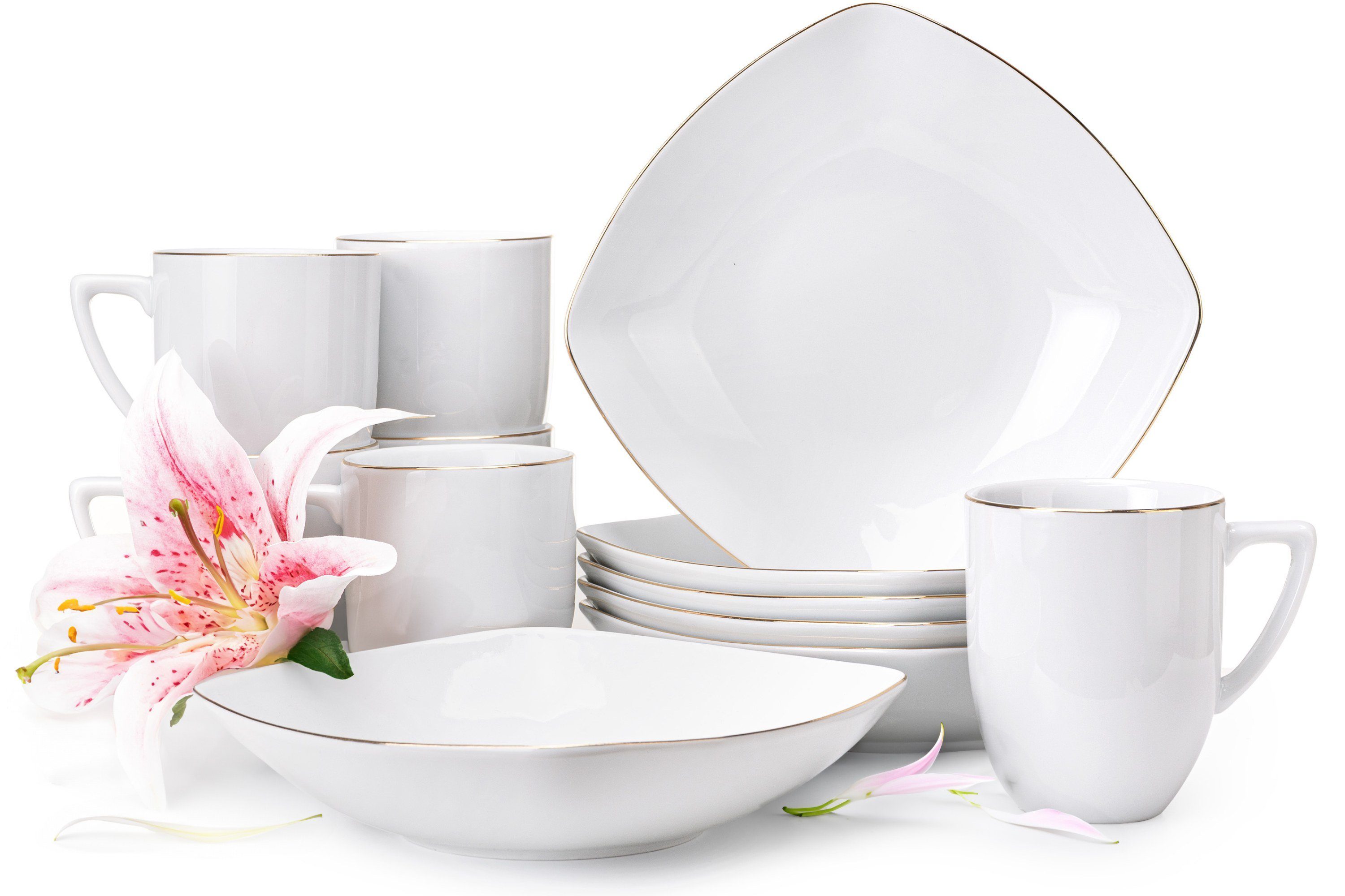 Konsimo Frühstücks-Geschirrset CARLINA Becher-Set & Teller-Set (12-tlg), 6 Personen, Porzellan, Handwäsche, quadratisch, Elegant gold