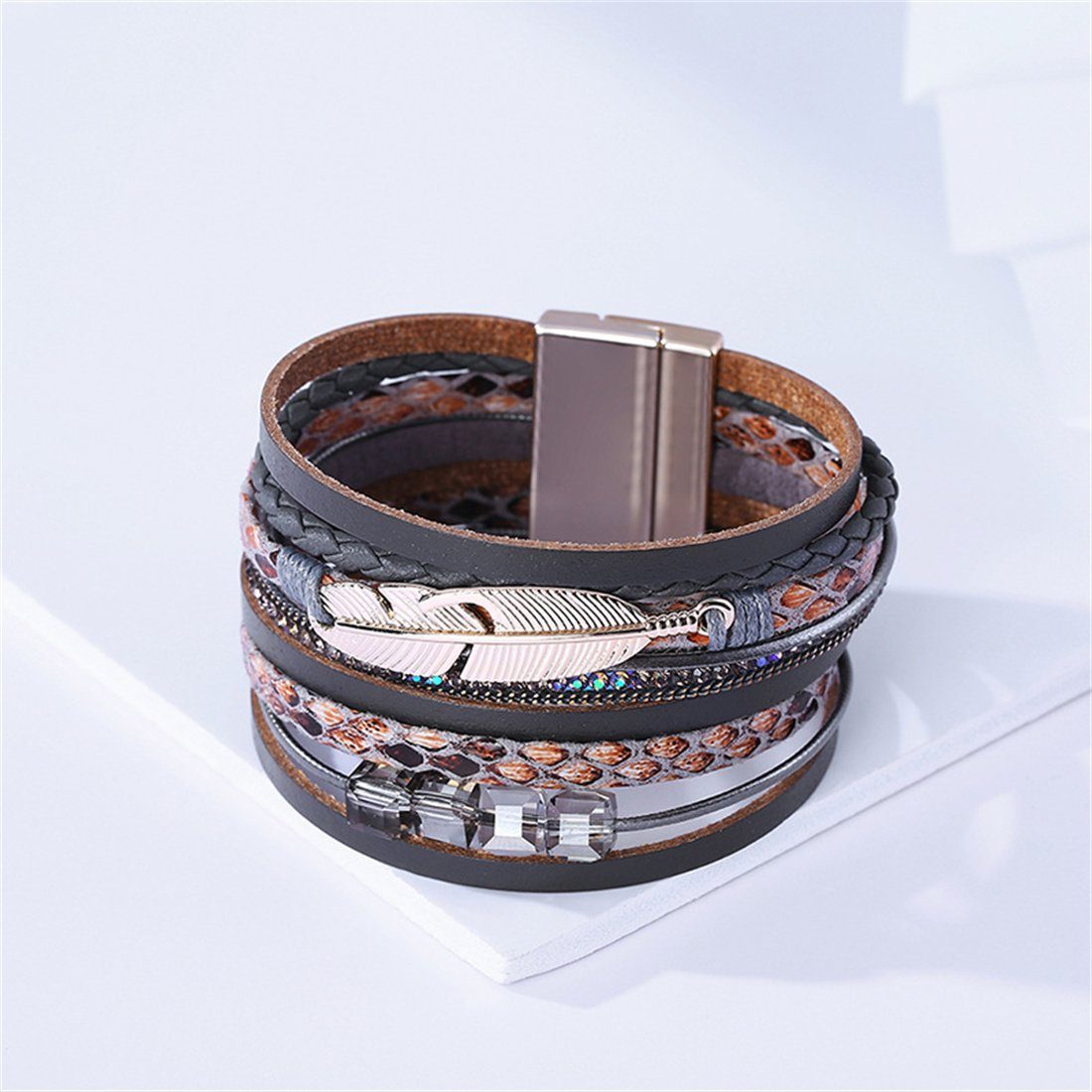 Magnetverschluss Bohème-Armband mit Lederarmband DÖRÖY gewebtem aus Schichten Grau mehreren