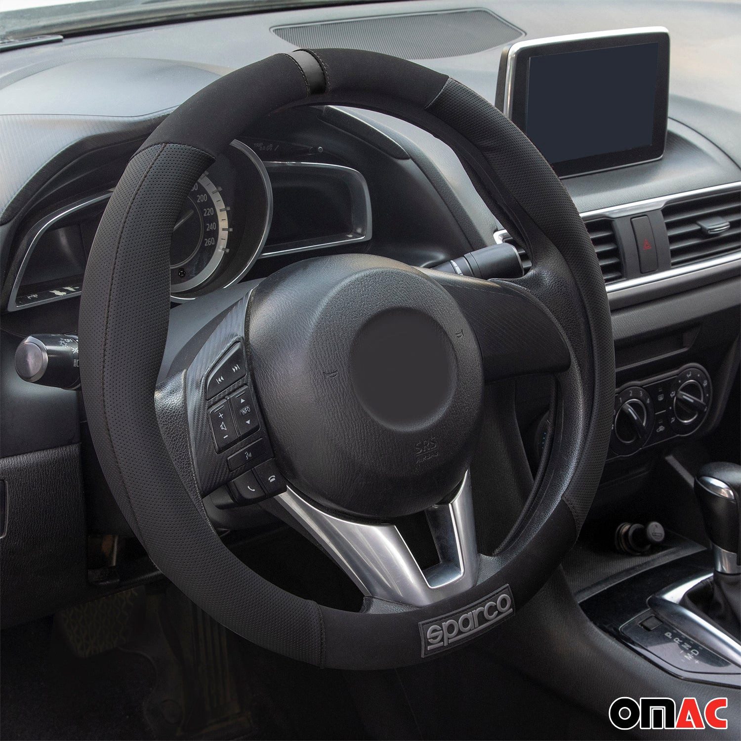 OMAC Steering Wheel Cover SPARCO Steering Wheel Protector Steering Wheel Cover Black Rubber Suede, Odorless, Easily Adjustable, Flexible